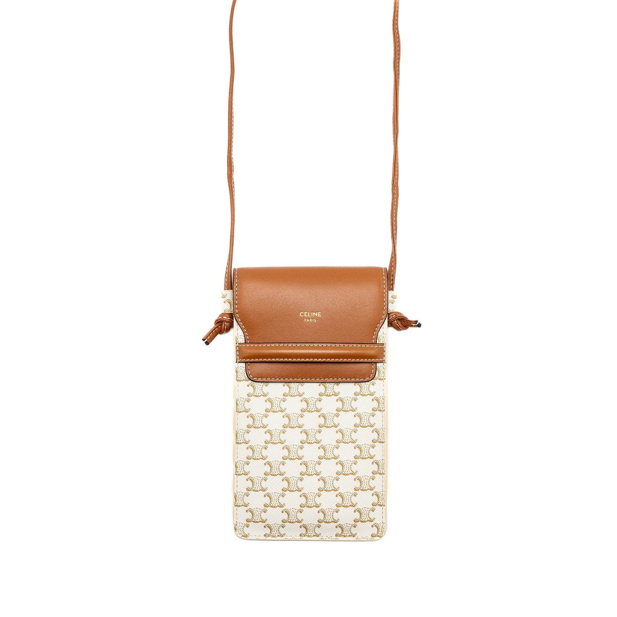 CELINE PHONE POUCH WITH FLAP TRIOMPHE CANVAS /LAMBSKIN WHITE/TAN