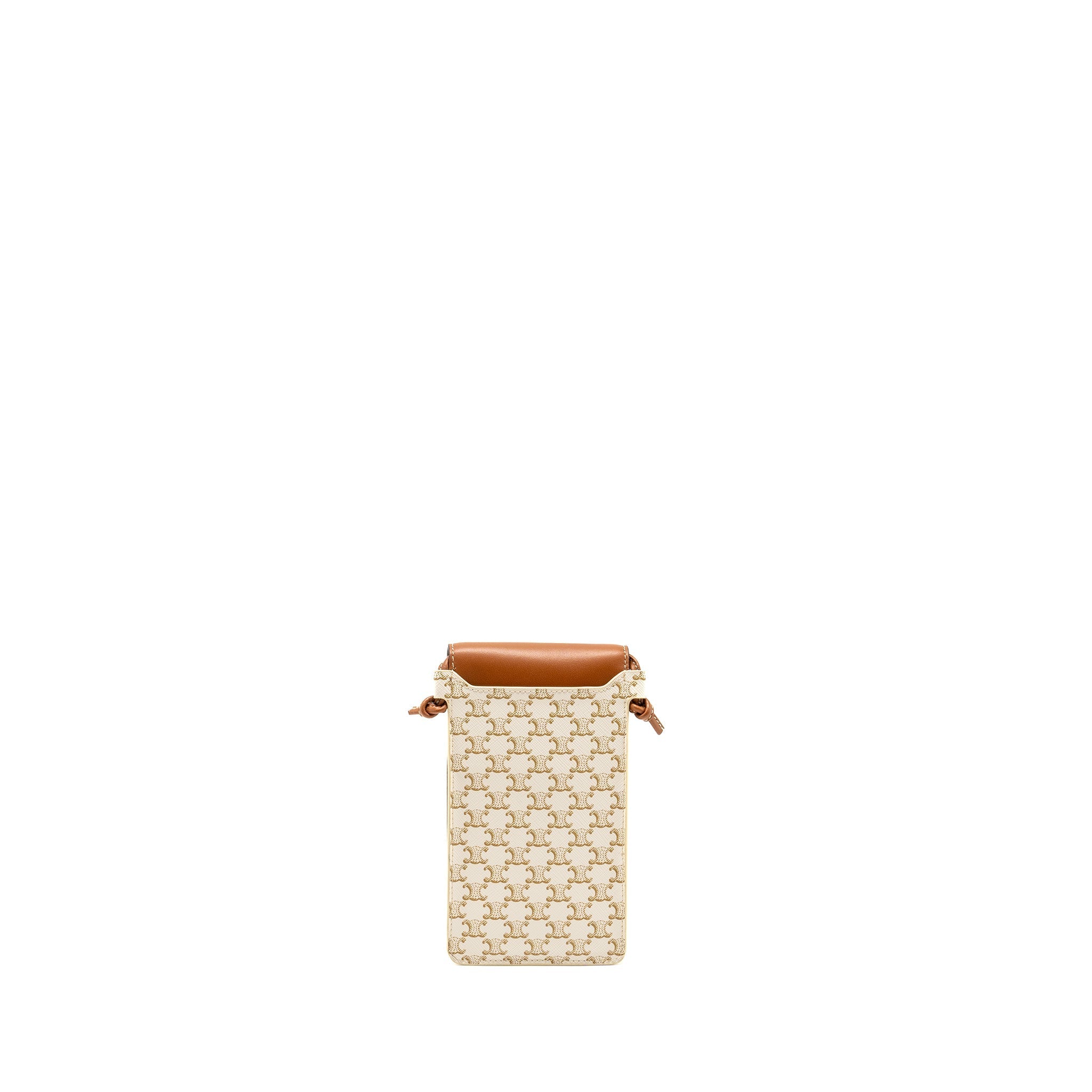 CELINE PHONE POUCH WITH FLAP TRIOMPHE CANVAS /LAMBSKIN WHITE/TAN