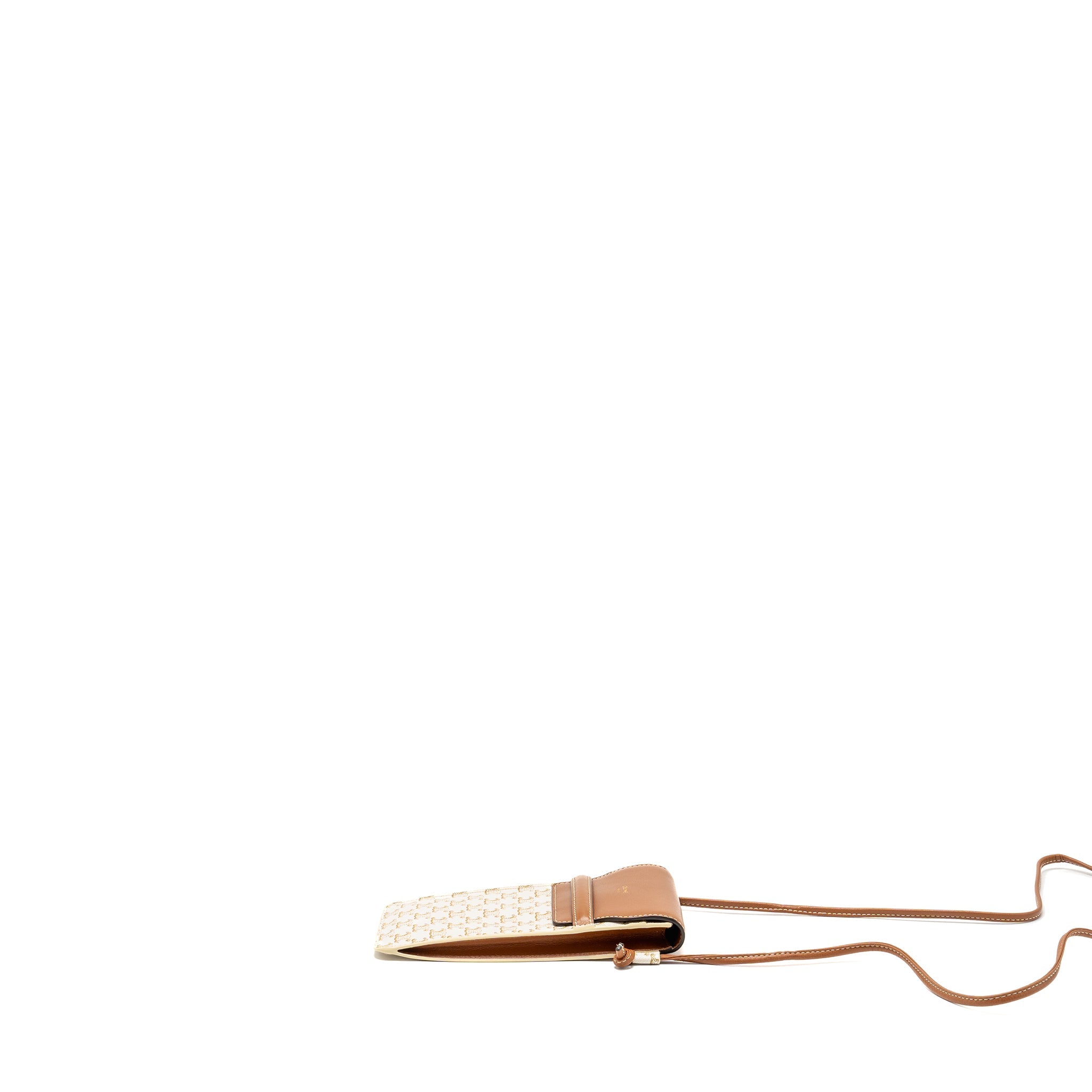 CELINE PHONE POUCH WITH FLAP TRIOMPHE CANVAS /LAMBSKIN WHITE/TAN