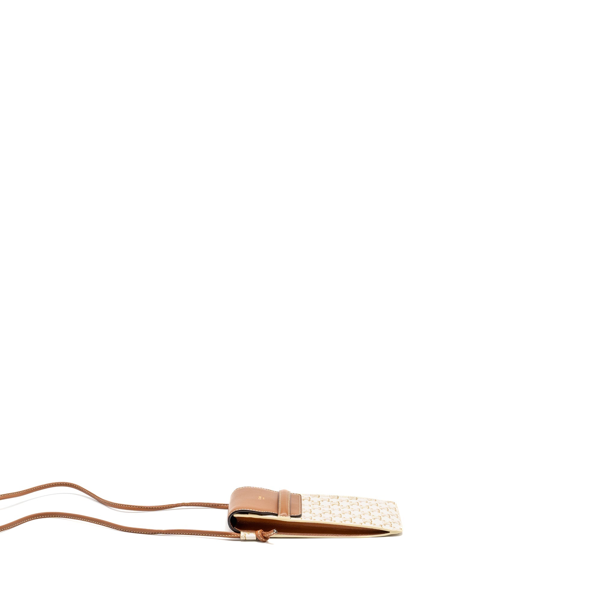 CELINE PHONE POUCH WITH FLAP TRIOMPHE CANVAS /LAMBSKIN WHITE/TAN