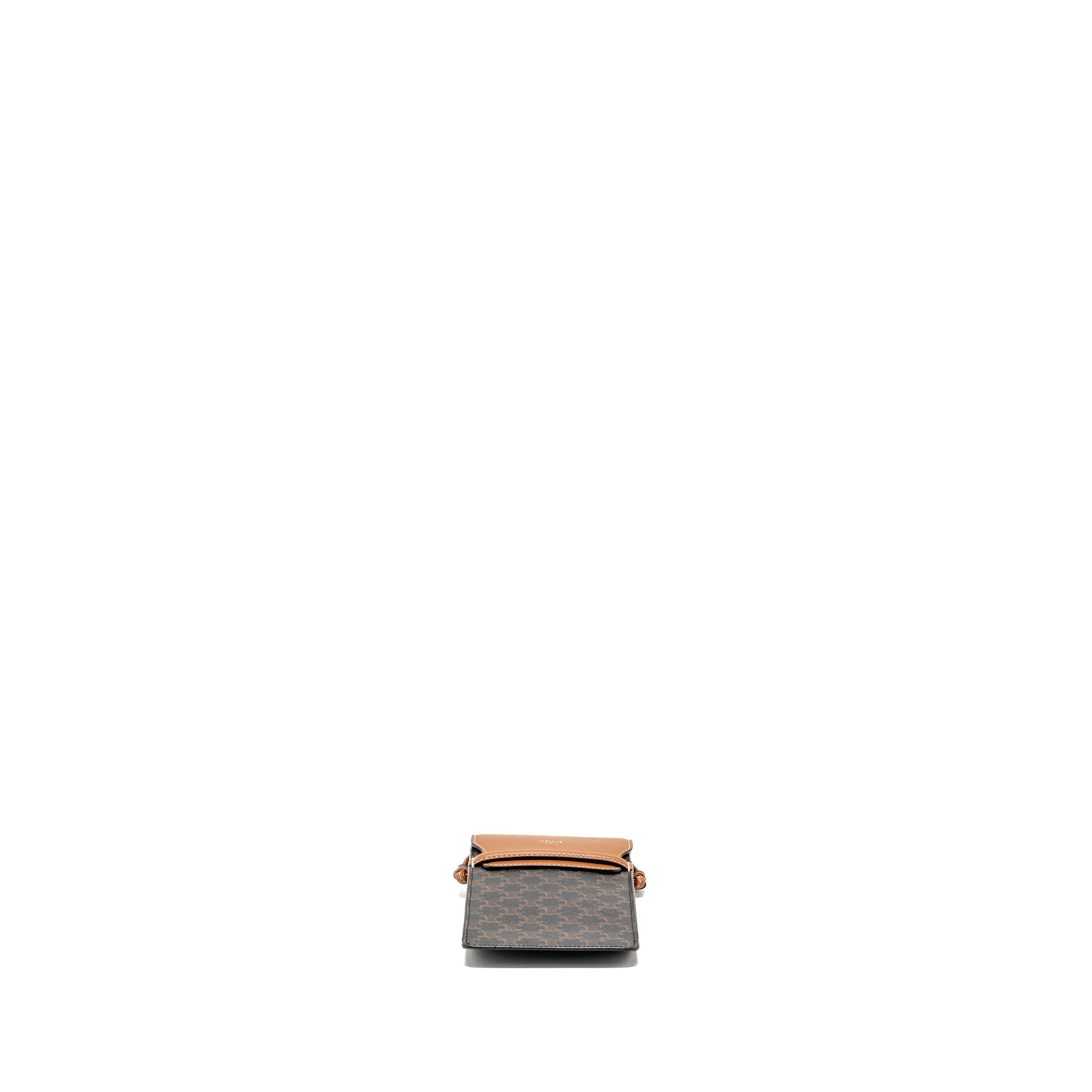 CELINE PHONE POUCH WITH FLAP TRIOMPHE CANVAS /LAMBSKIN TAN