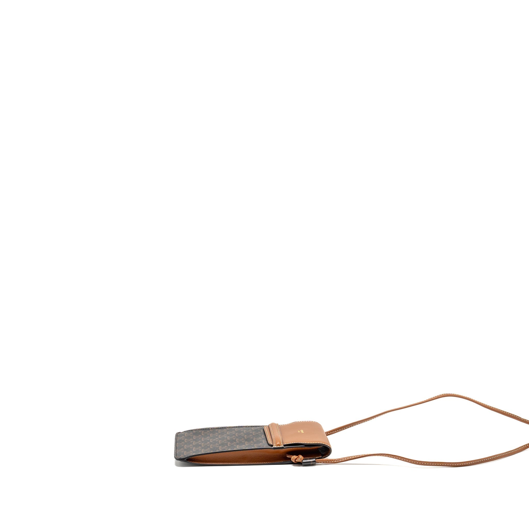 CELINE PHONE POUCH WITH FLAP TRIOMPHE CANVAS /LAMBSKIN TAN