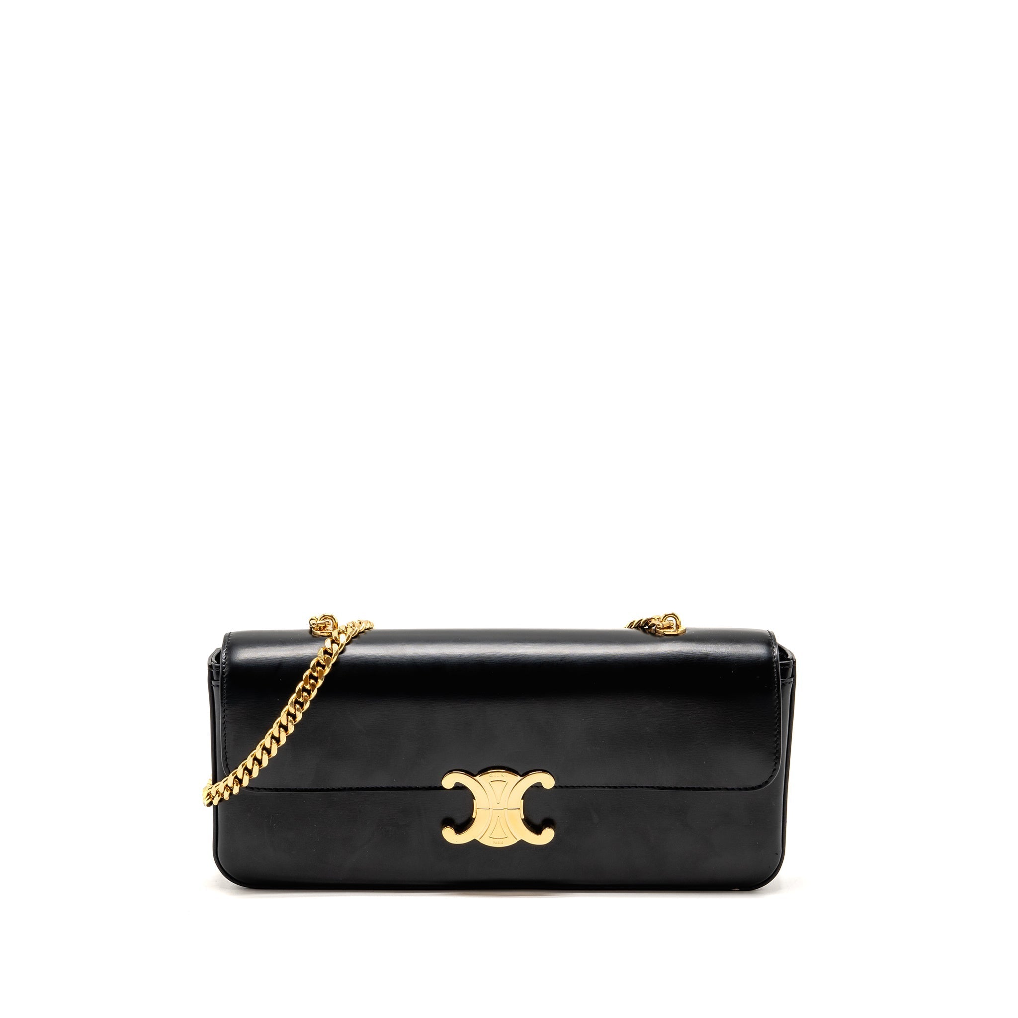 CELINE TRIOMPHE CLAUDE CHAIN SHOULDER BAG SHINY CALFSKIN BLACK GHW