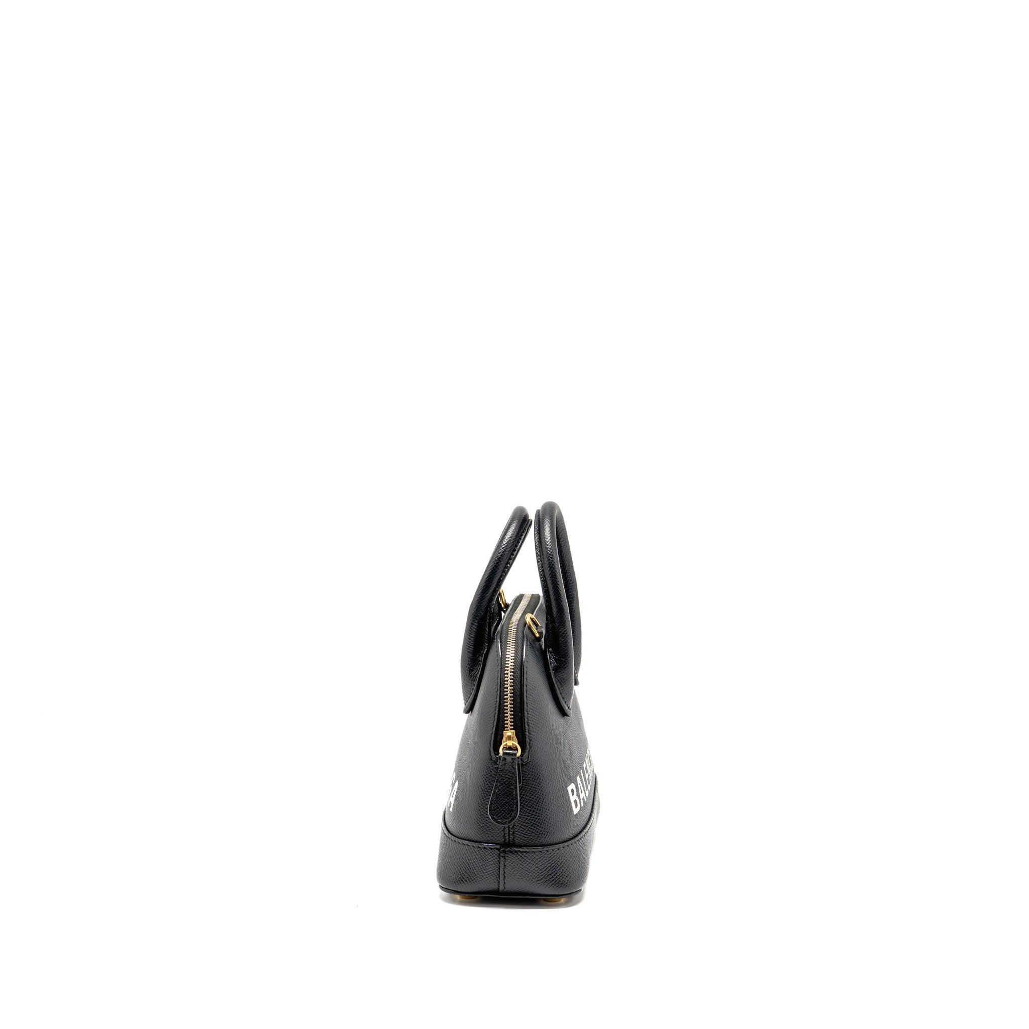 BALENCIAGA VILLE GRAFFITI TOP HANDLE BOWLING BAG XXS GRAINED CALFSKIN BLACK/WHITE GHW