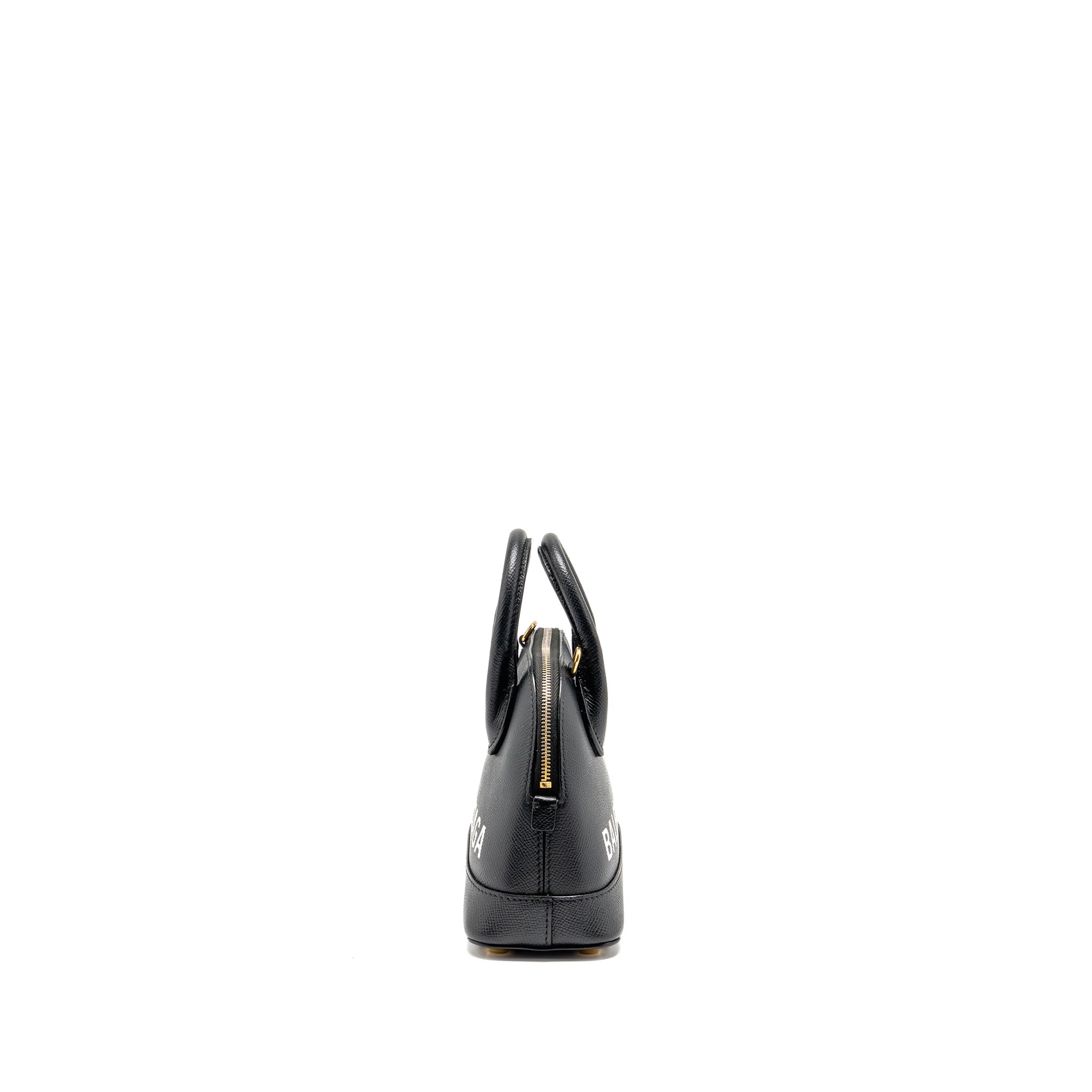 BALENCIAGA VILLE GRAFFITI TOP HANDLE BOWLING BAG XXS GRAINED CALFSKIN BLACK/WHITE GHW