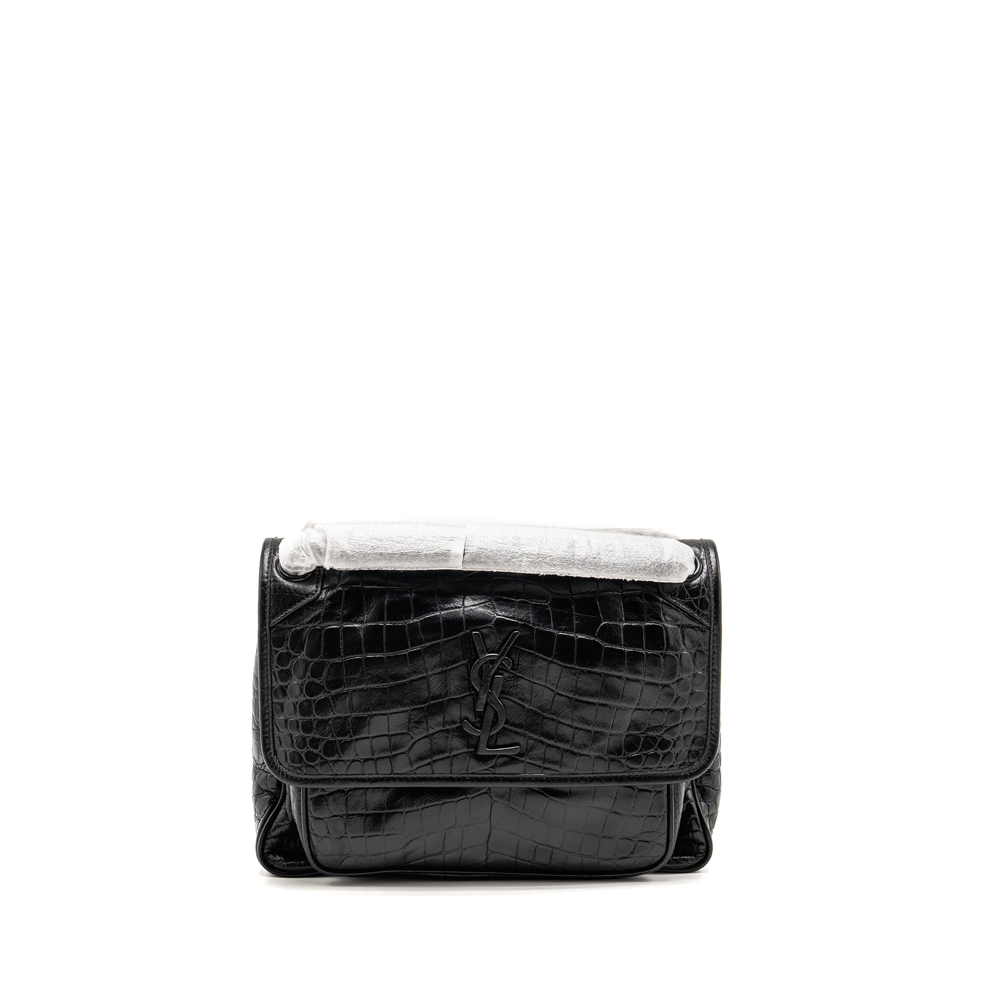SAINT LAURENT / YSL MEDIUM NIKI BAG CROCODILE-EMBOSSED BLACK CALFSKIN BLACK HARDWARE