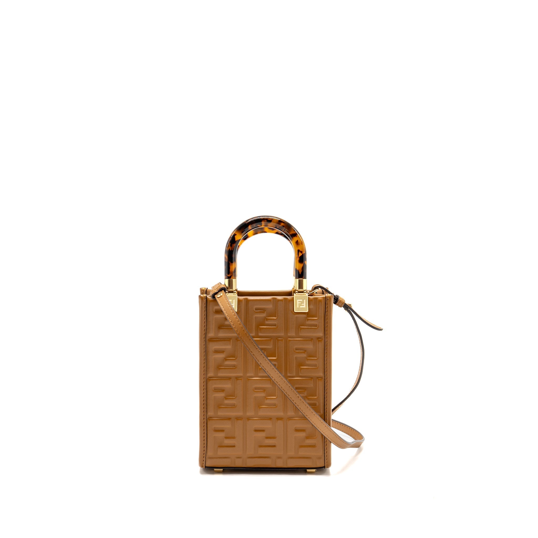 FENDI MINI SUNSHINE SHOPPER BAG FF LEATHER BROWN GHW