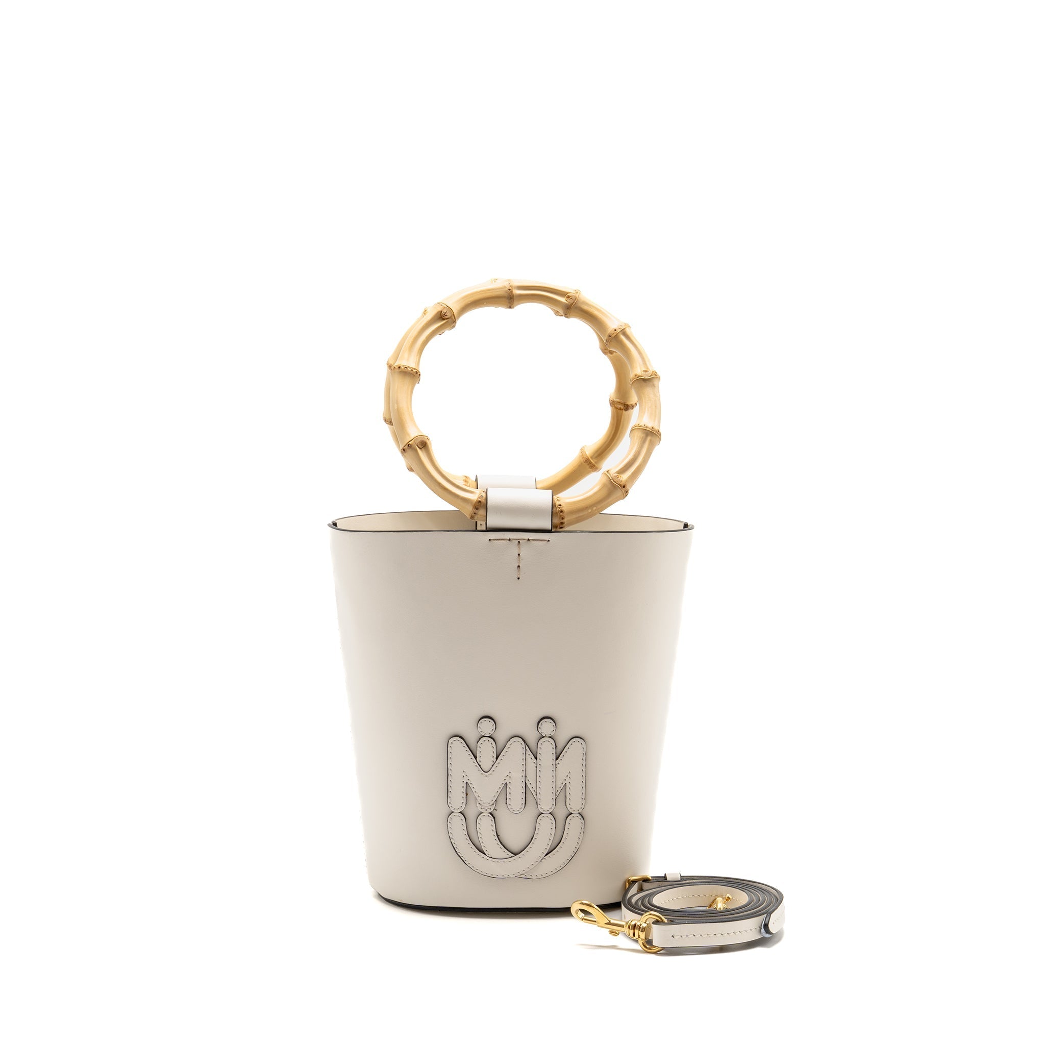 MIU MIU CITY SPORT BAMBOO HANDLE BUCKET BAG LEATHER WHITE GHW