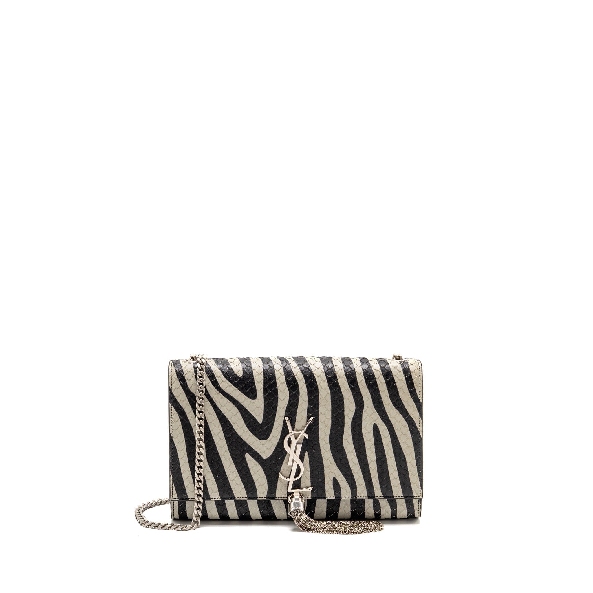 SAINT LAURENT/YSL MEDIUM KATE SHOULDER BAG WITH TASSEL EMBOSSED LEATHER BLACK/WHITE SHW