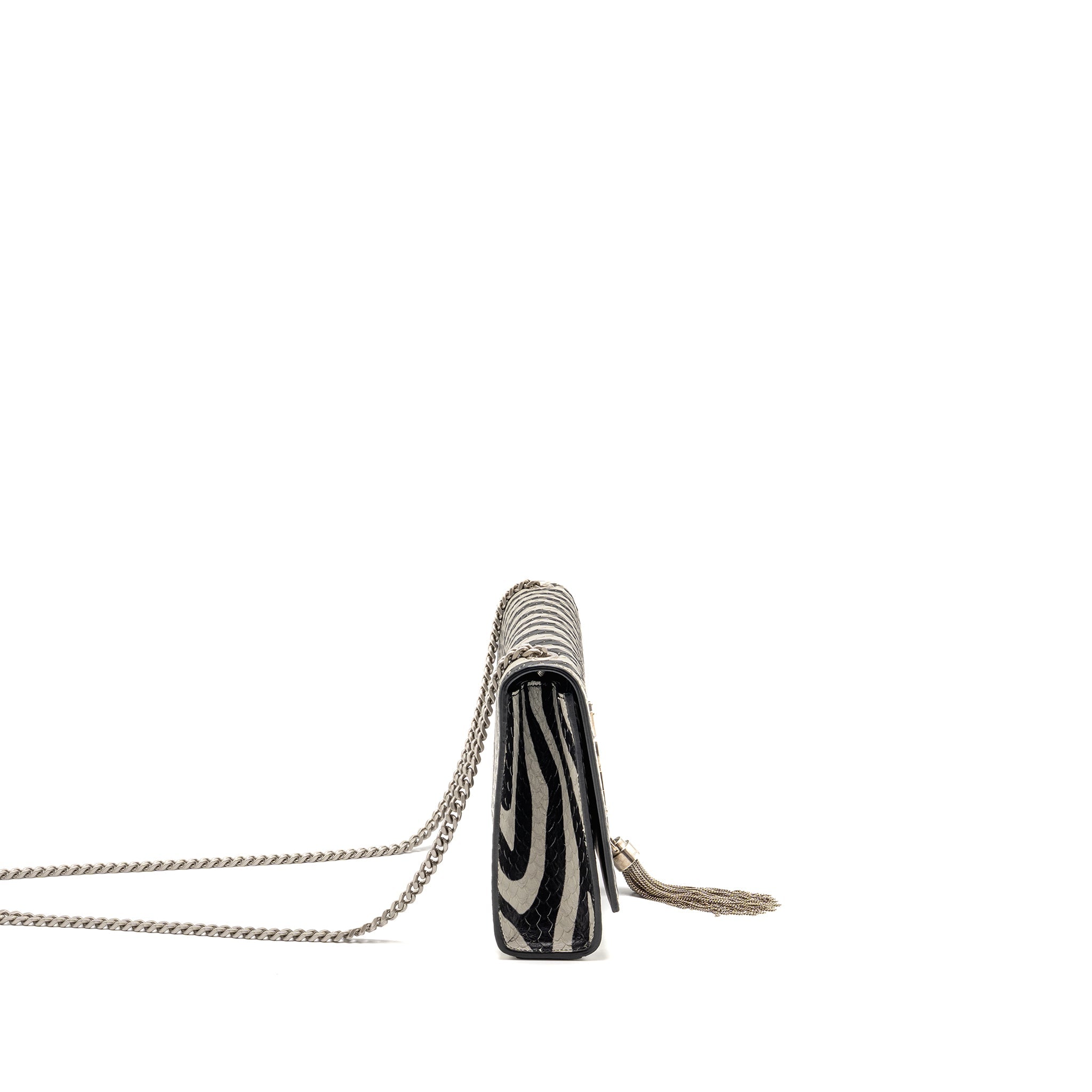 SAINT LAURENT/YSL MEDIUM KATE SHOULDER BAG WITH TASSEL EMBOSSED LEATHER BLACK/WHITE SHW