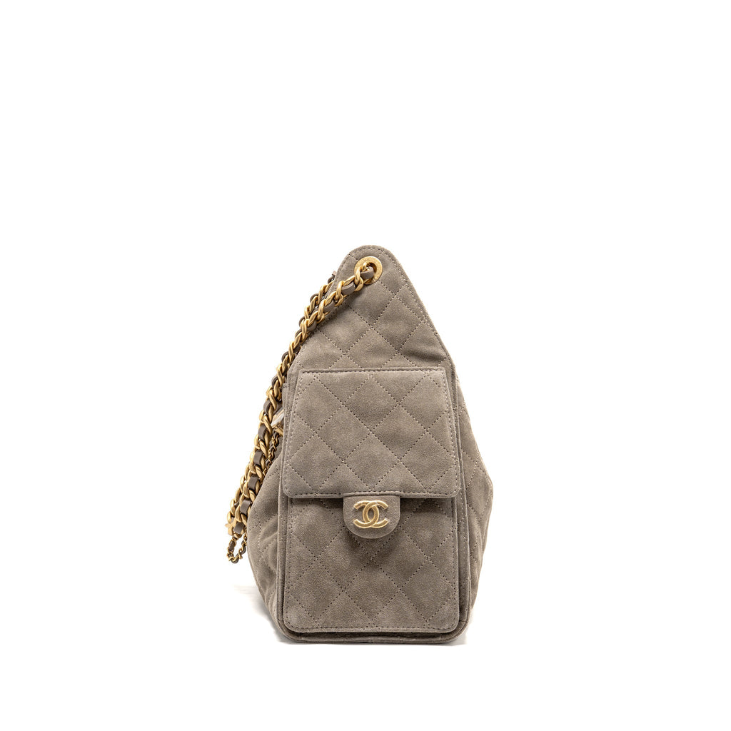 CHANEL SMALL 25 BAG SUEDE GREY GHW (MICROCHIP)