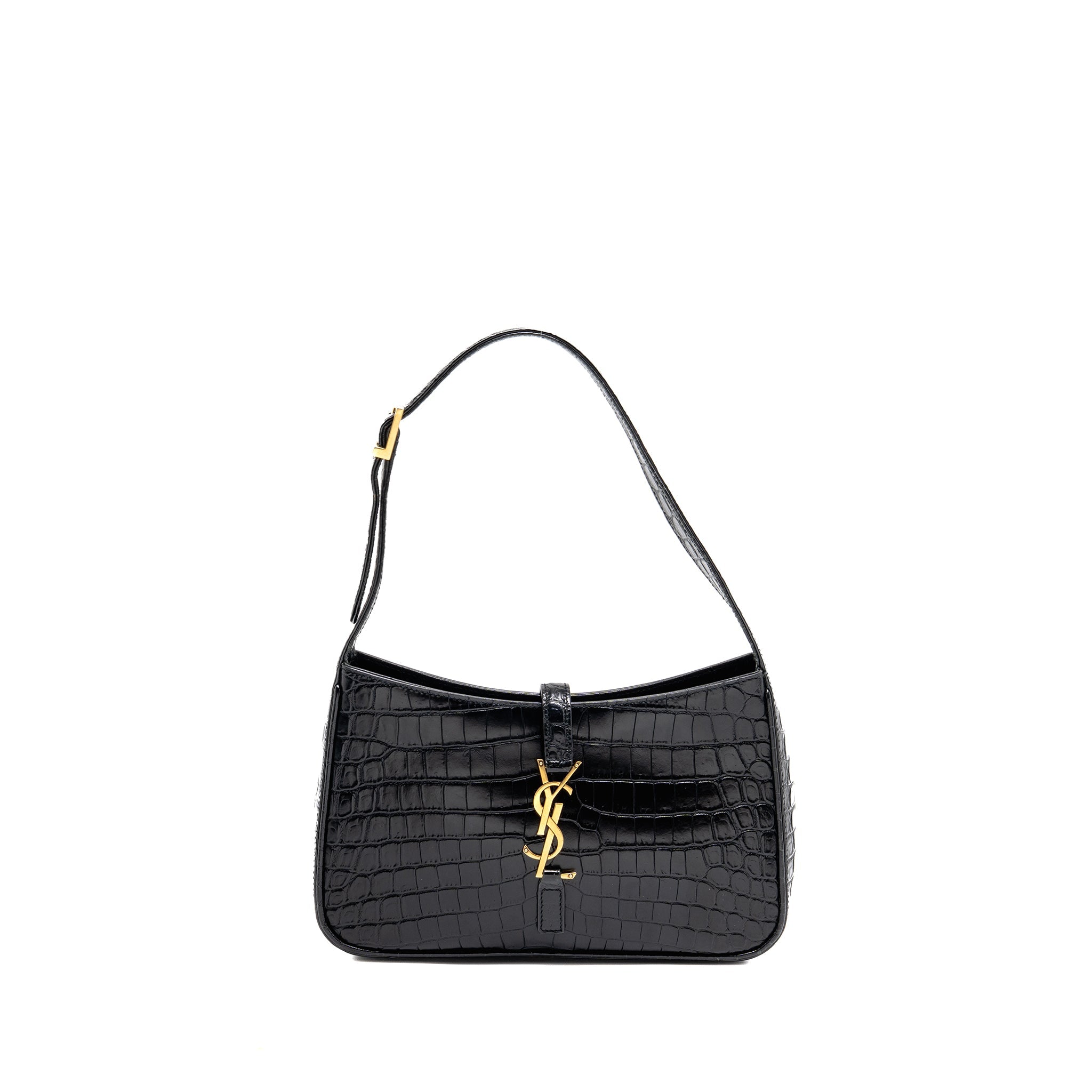 SAINT LAURENT/YSL HOBO SHOULDER BAG CROC EMBOSSED CALFSKIN BLACK GHW
