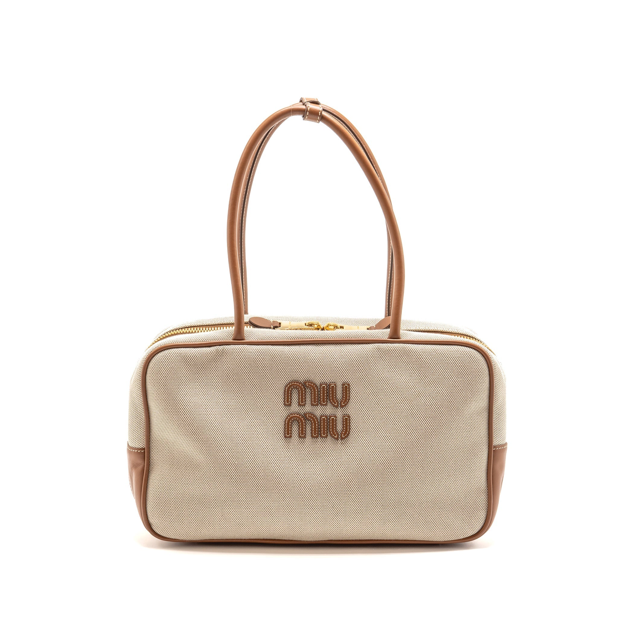 MIU MIU BEAU BAG CANVAS/LEATHER BEIGE/BRANDY GHW