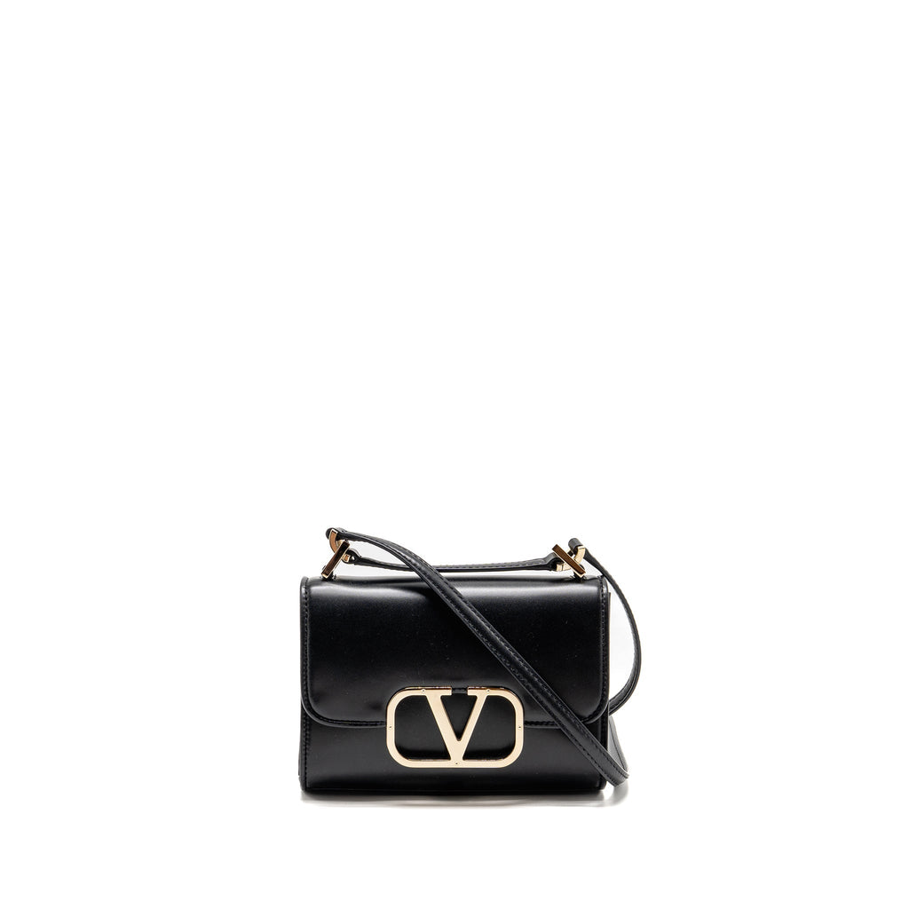 VALENTINO V LOGO TYPE FOLDOVER TOP SHOULDER BAG CALFSKIN BLACK SHW