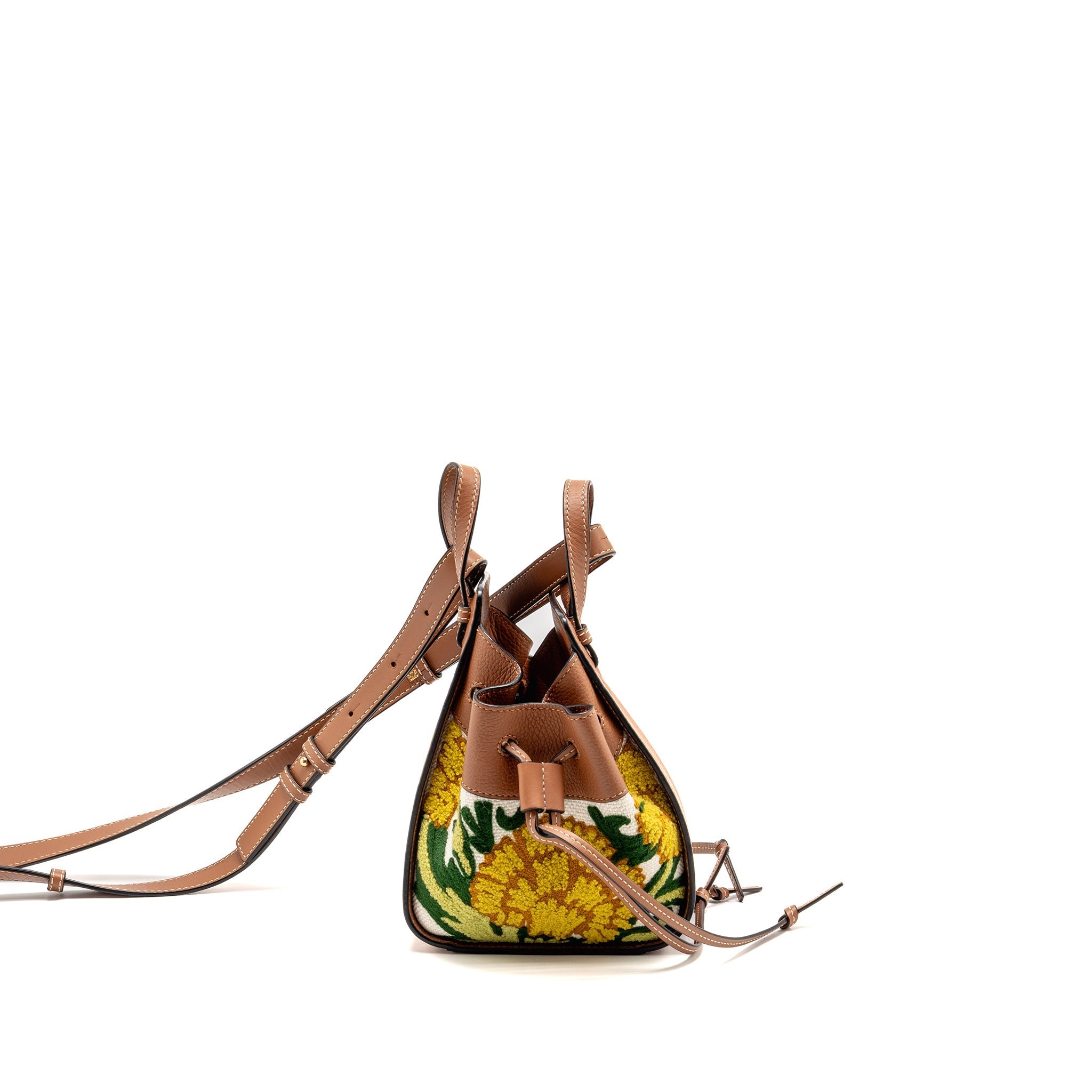 LOEWE X WILLIAM DE MORGAN MINI HAMMOCK FLORAL-EMBROIDERED SHOULDER BAG CALFSKIN TAN/ MULTICOLOUR GHW