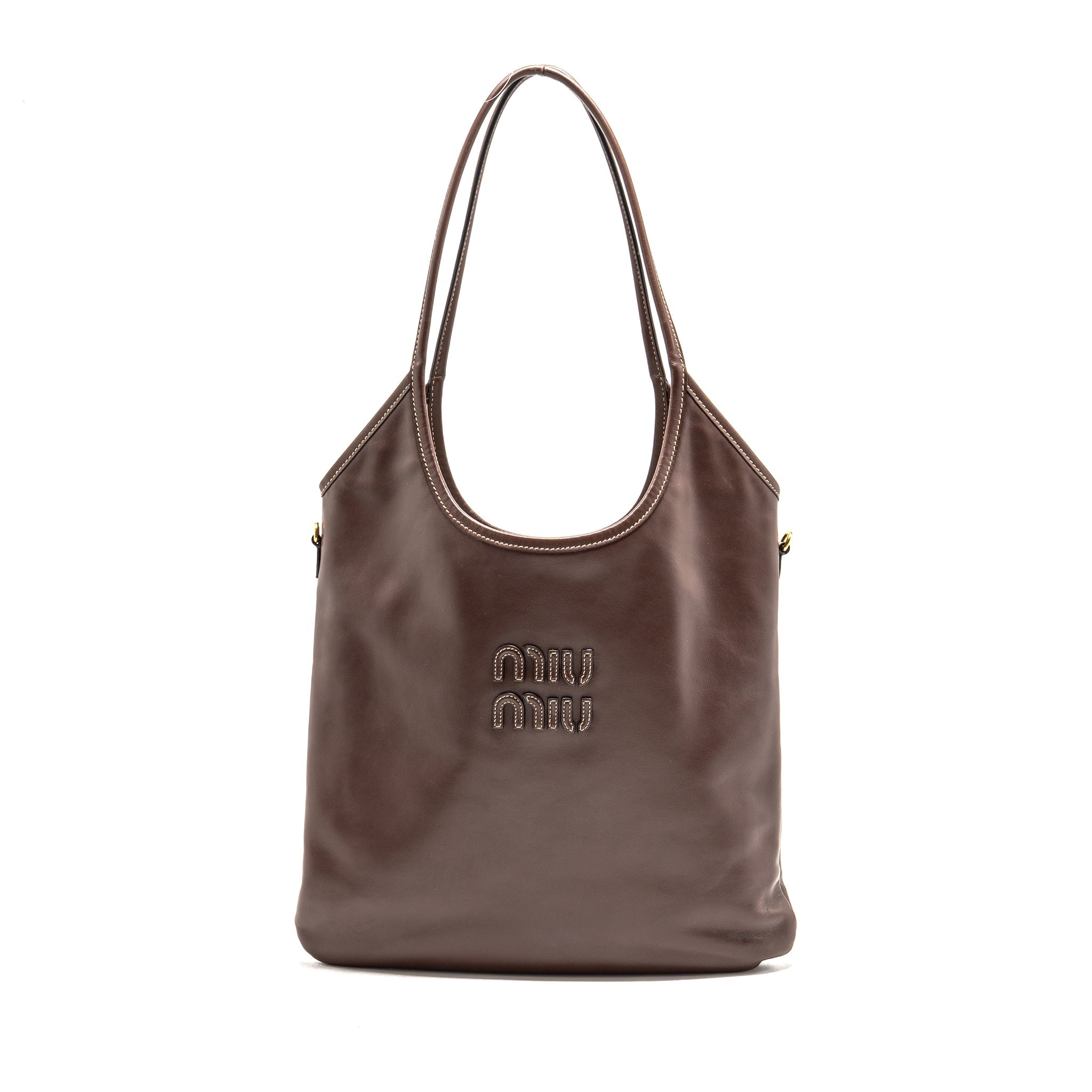 MIU MIU IVY LEATHER TOTE BAG CALFSKIN DARK BROWN GHW