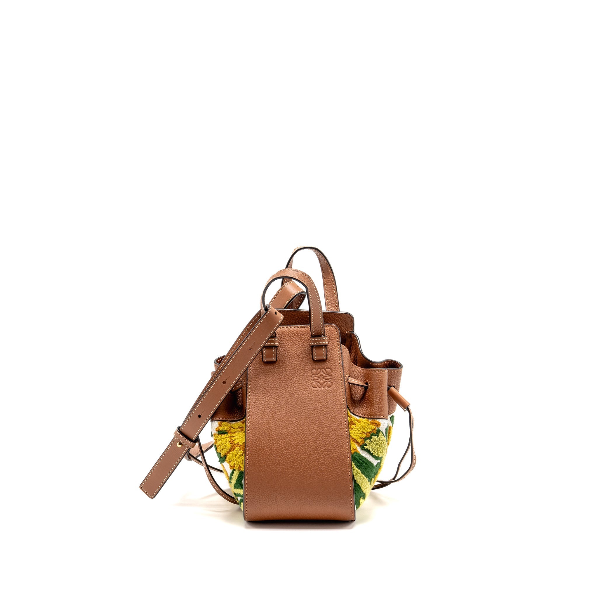 LOEWE X WILLIAM DE MORGAN MINI HAMMOCK FLORAL-EMBROIDERED SHOULDER BAG CALFSKIN TAN/ MULTICOLOUR GHW