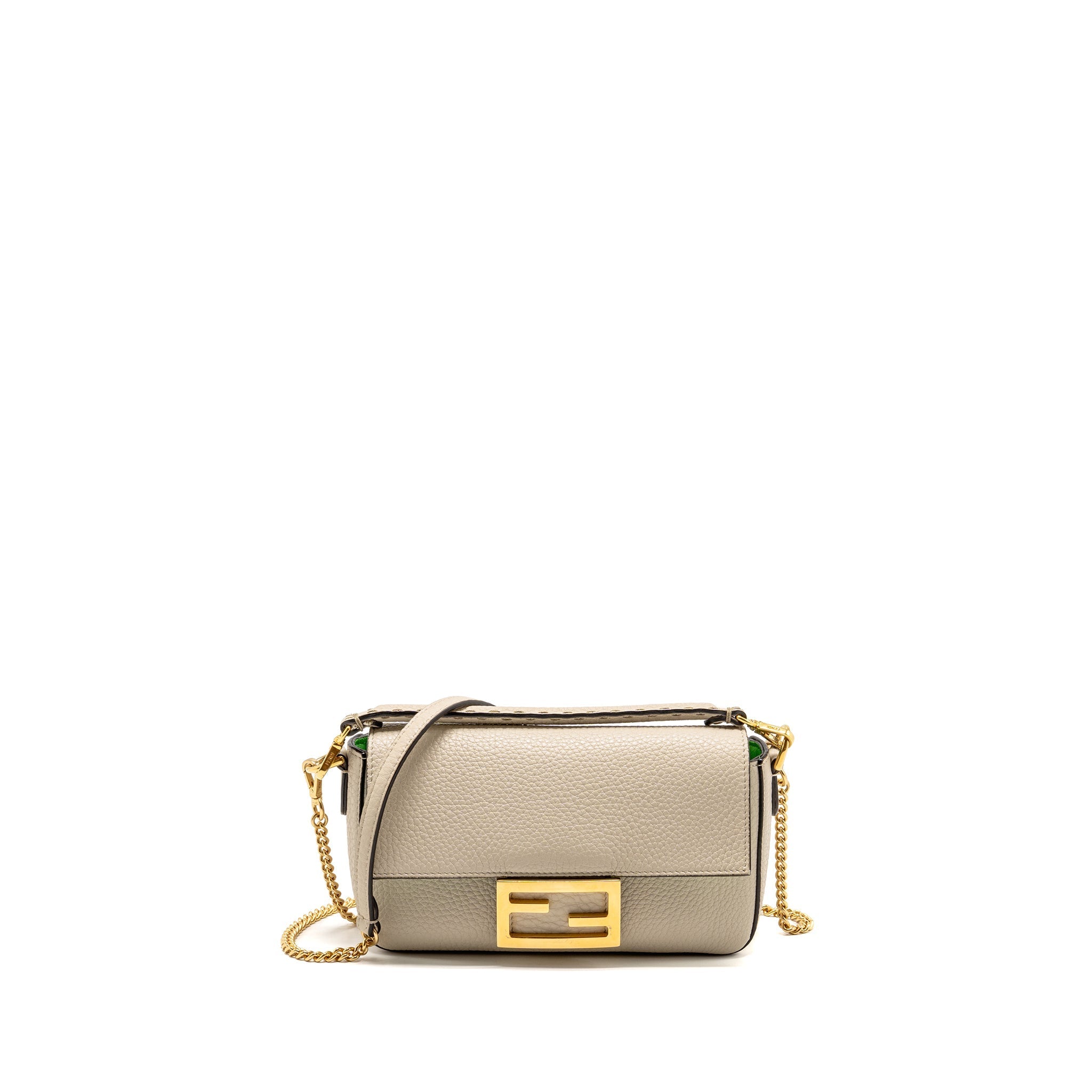 FENDI MINI BAGUETTE BAG CALFSKIN LIGHT BEIGE/GREEN GHW
