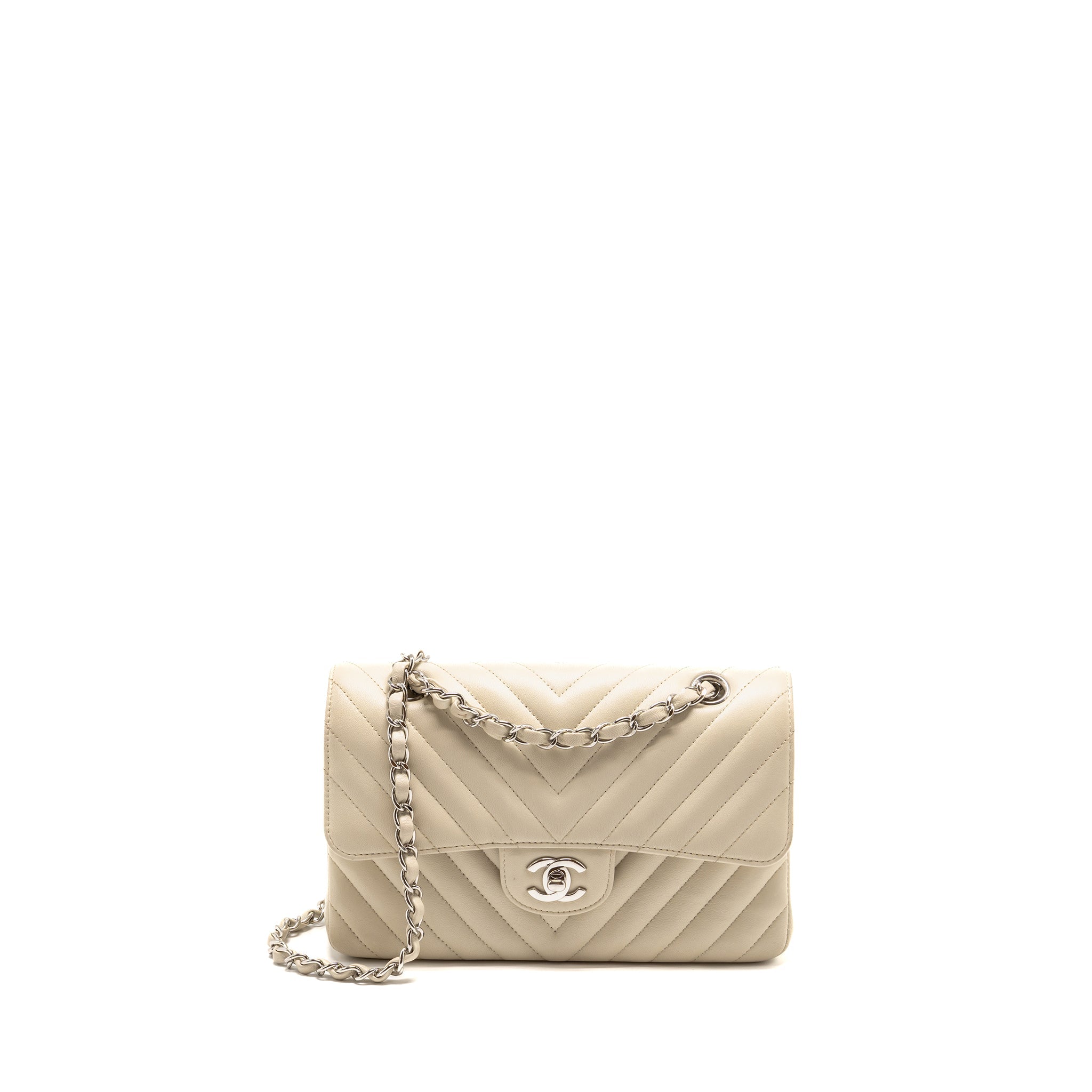 CHANEL SMALL CLASSIC DOUBLE FLAP BAG CHEVRON LAMBSKIN CREAM SHW