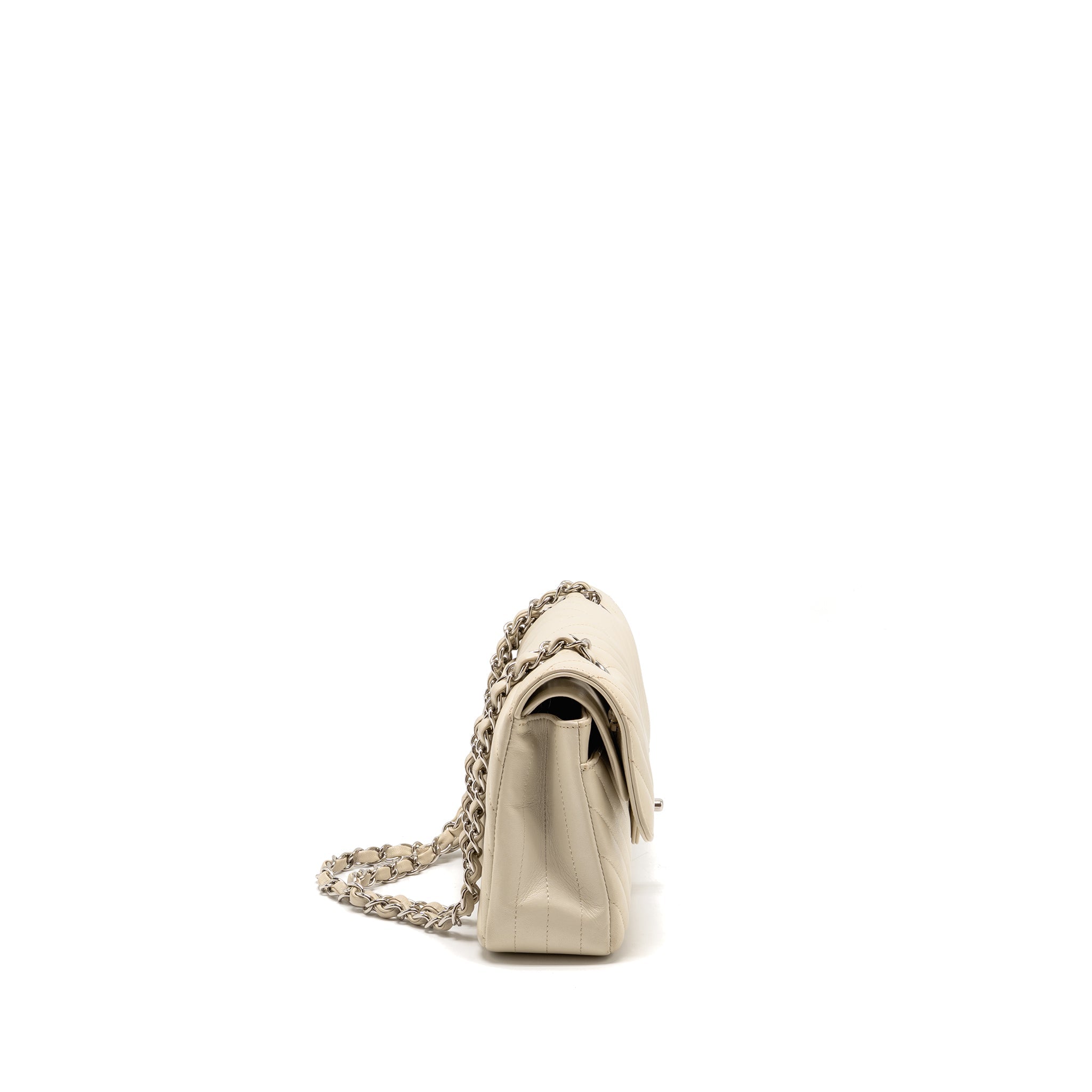 CHANEL SMALL CLASSIC DOUBLE FLAP BAG CHEVRON LAMBSKIN CREAM SHW