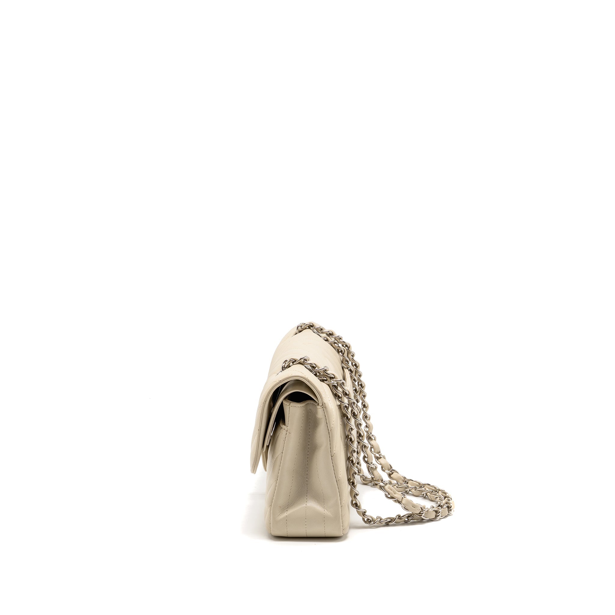 CHANEL SMALL CLASSIC DOUBLE FLAP BAG CHEVRON LAMBSKIN CREAM SHW