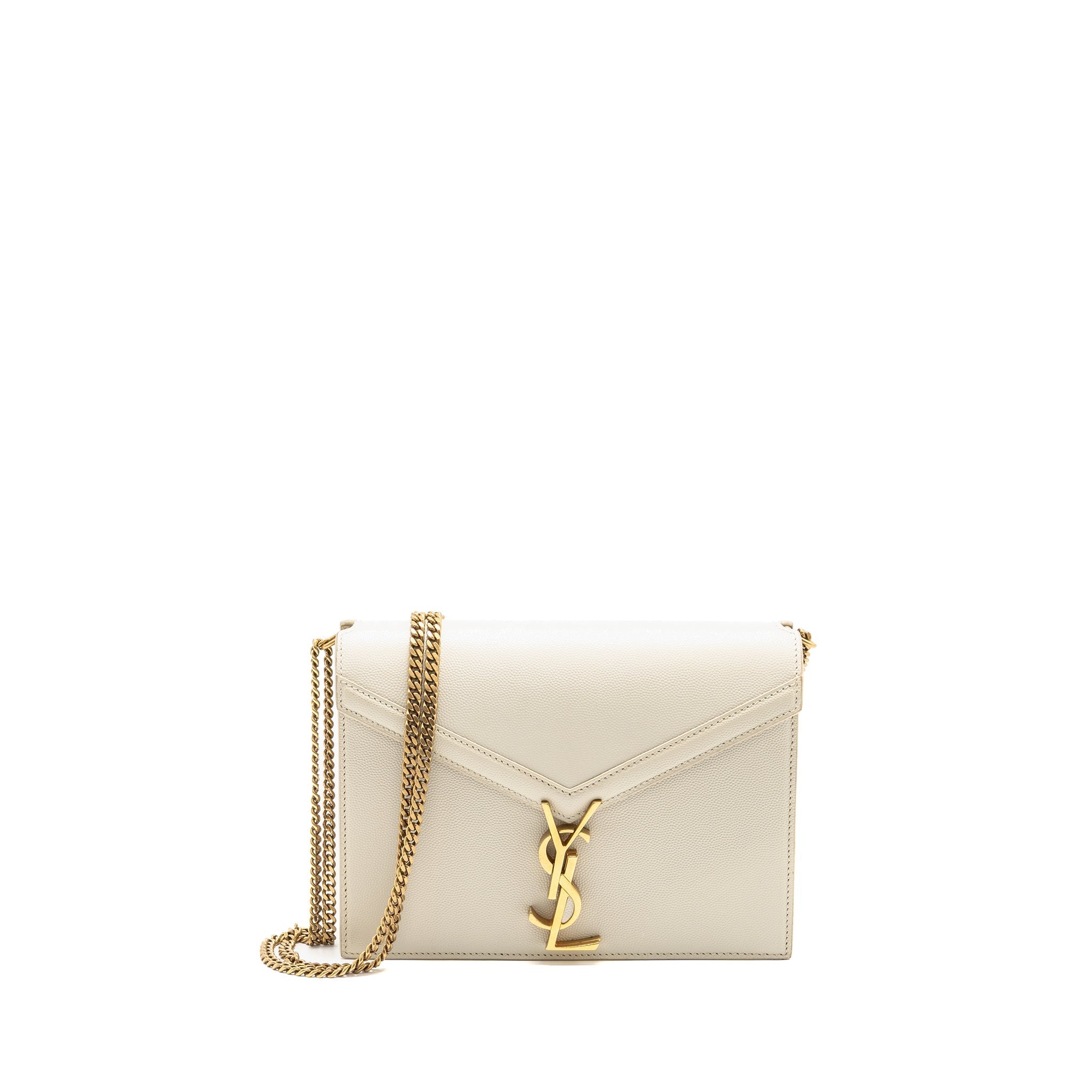 SAINT LAURENT/YSL CASSANDRA CHAIN WALLET GRAINED CALFSKIN CREAMY WHITE GHW