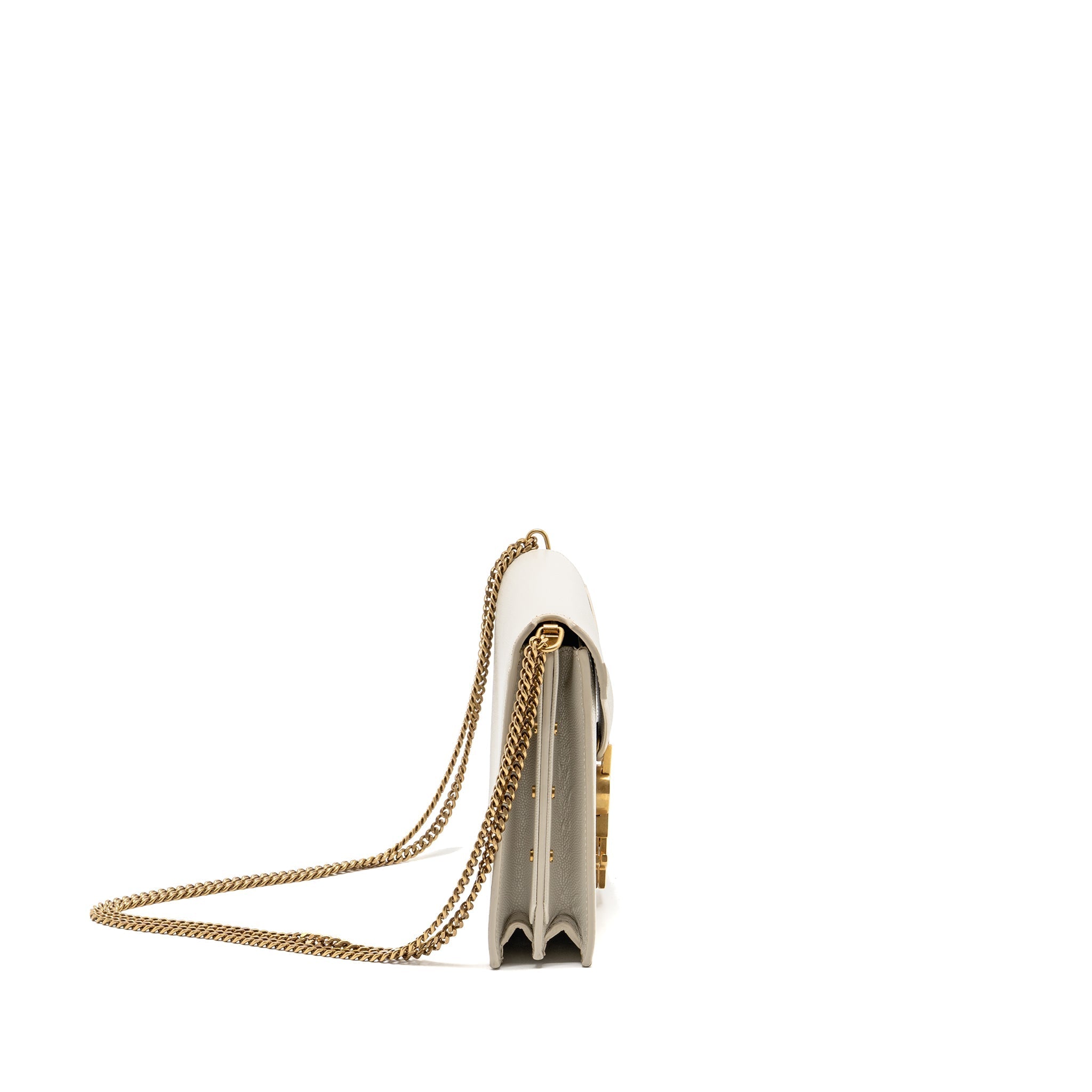 SAINT LAURENT/YSL CASSANDRA CHAIN WALLET GRAINED CALFSKIN CREAMY WHITE GHW