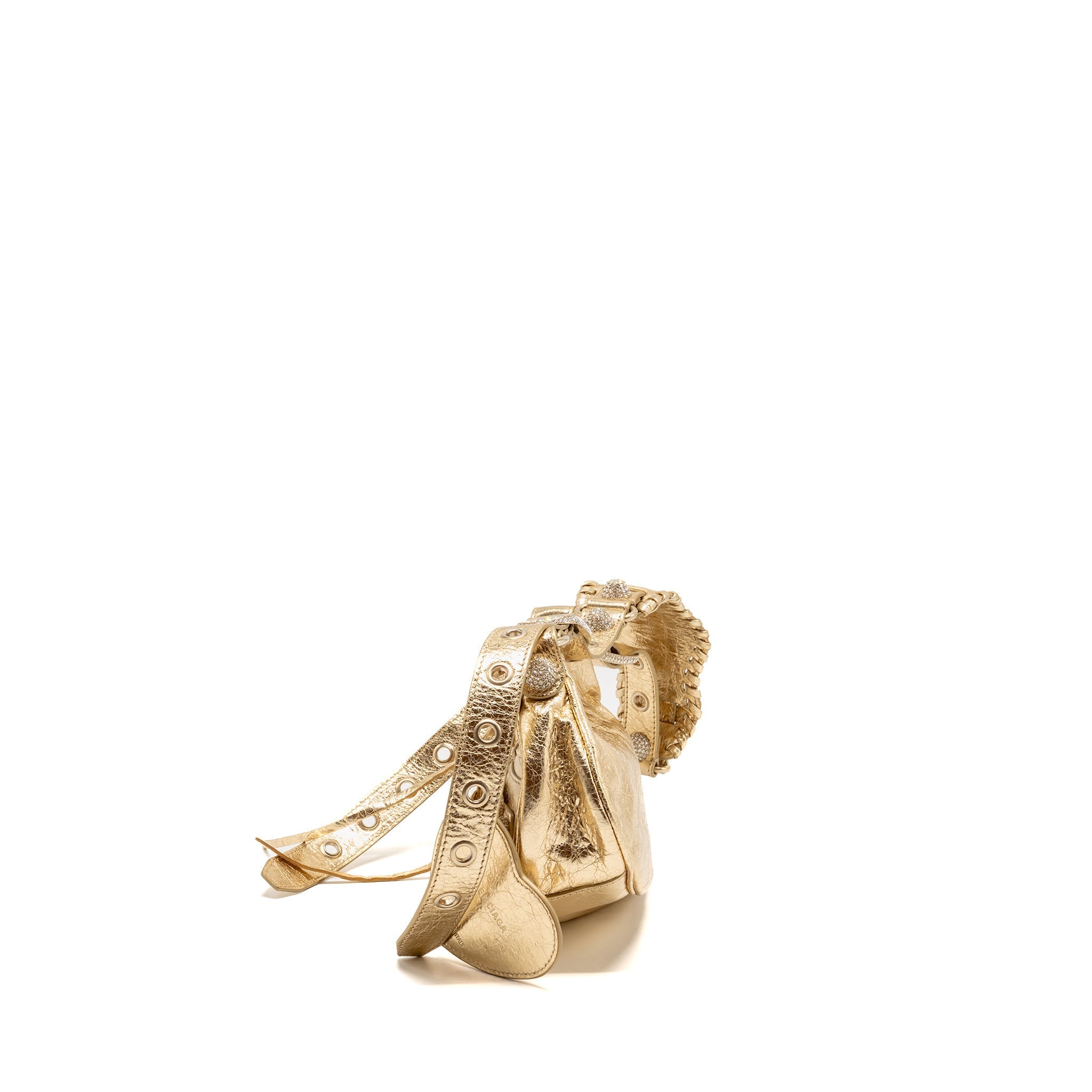 BALENCIAGA LE CAGOLE XS SHOULDER BAG ARENA CRACKED LAMBSKIN GOLD GHW