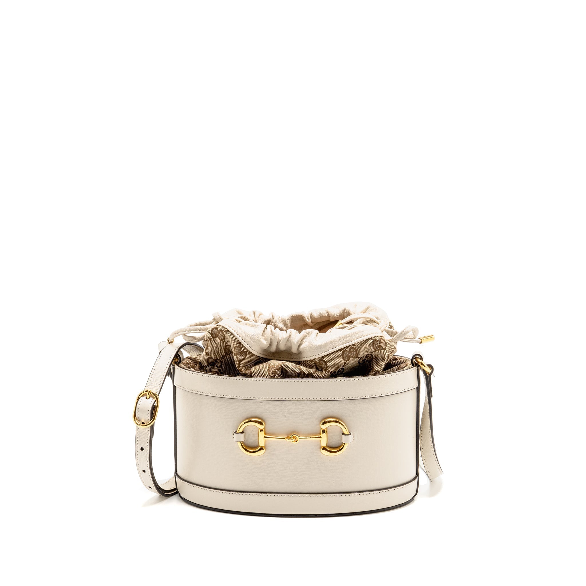 GUCCI HORSEBIT 1955 BUCKET BAG CALFSKIN/CANVAS BEIGE/WHITE GHW