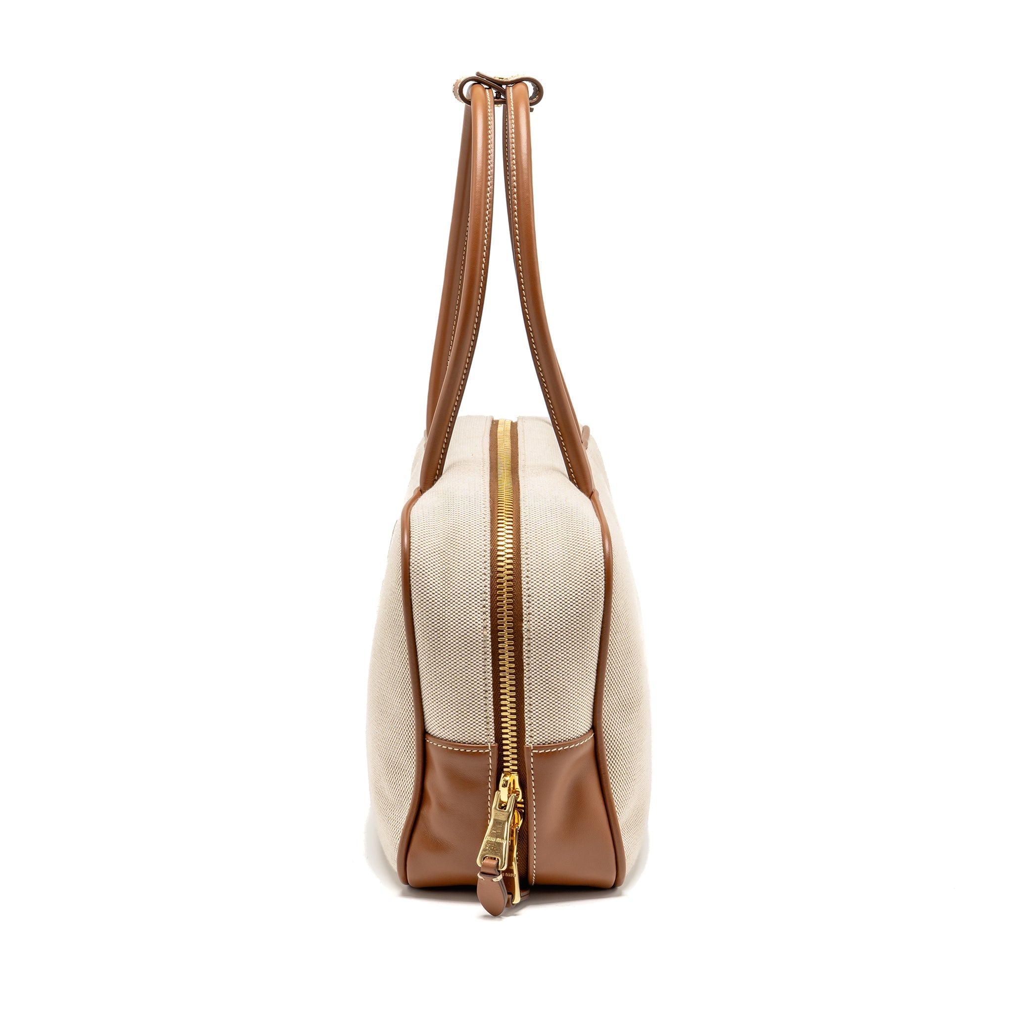 MIU MIU BEAU BAG CANVAS/ LEATHER BEIGE/ BRANDY GHW