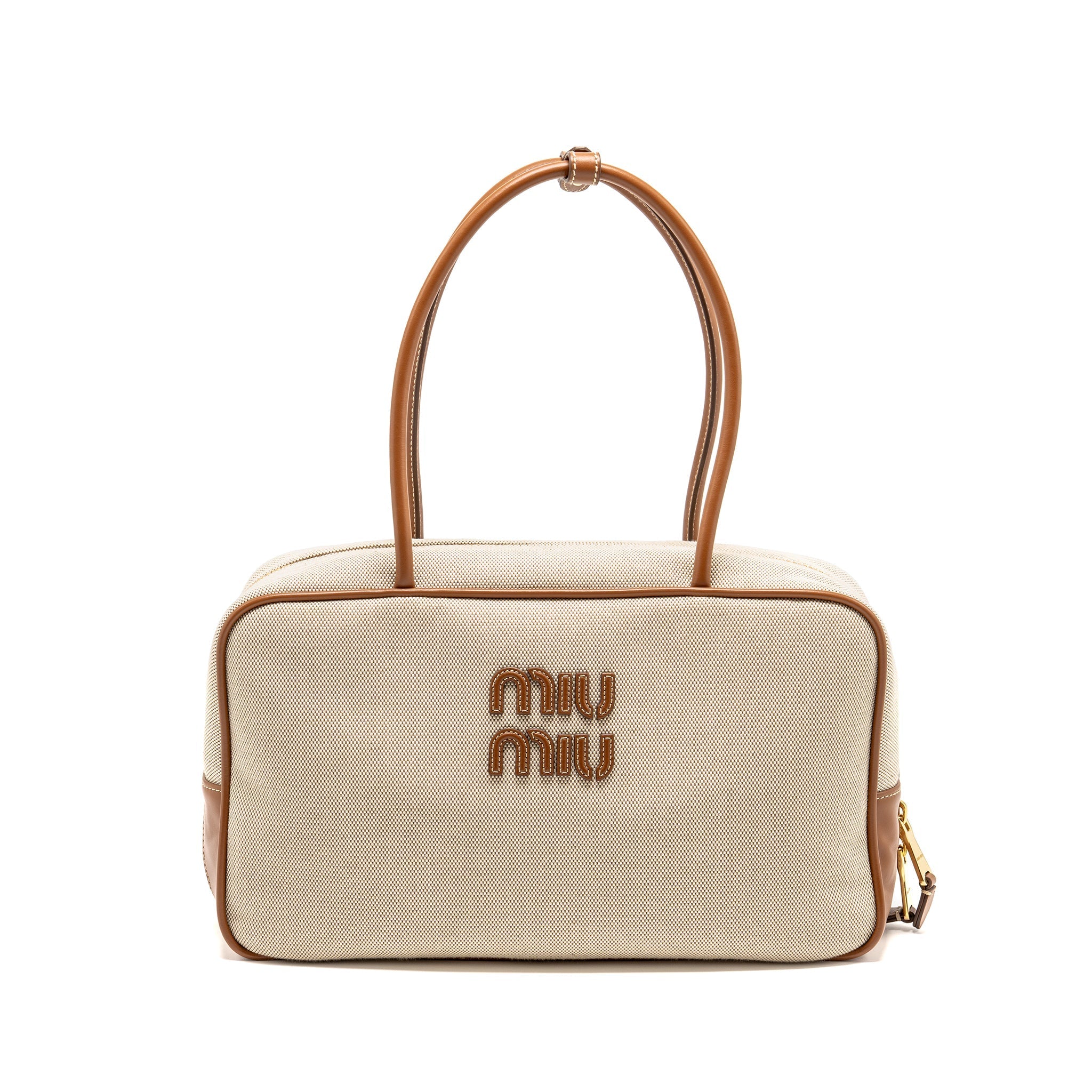 MIU MIU BEAU BAG CANVAS/ LEATHER BEIGE/ BRANDY GHW