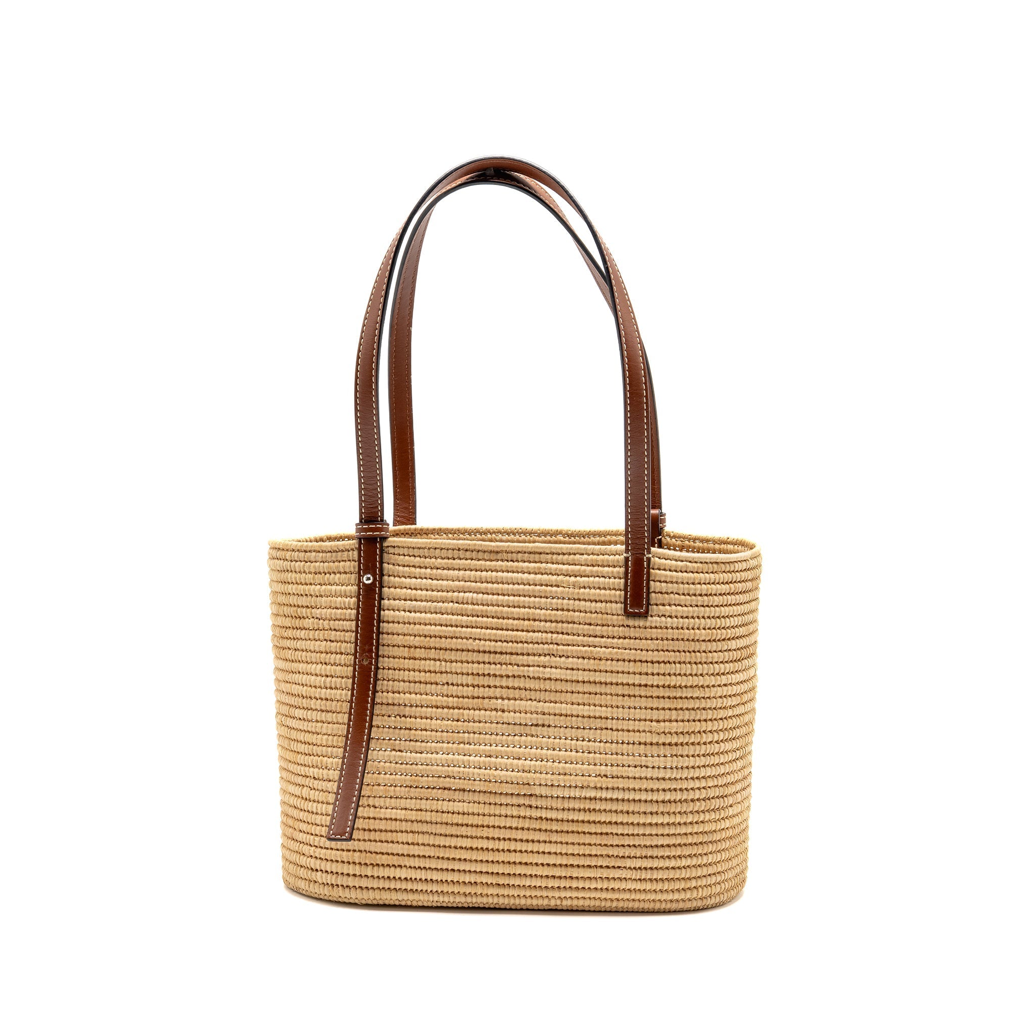 LOEWE SMALL ANAGRAM SQUARE BASKET BAG RAFFIA BROWN/BEIGE