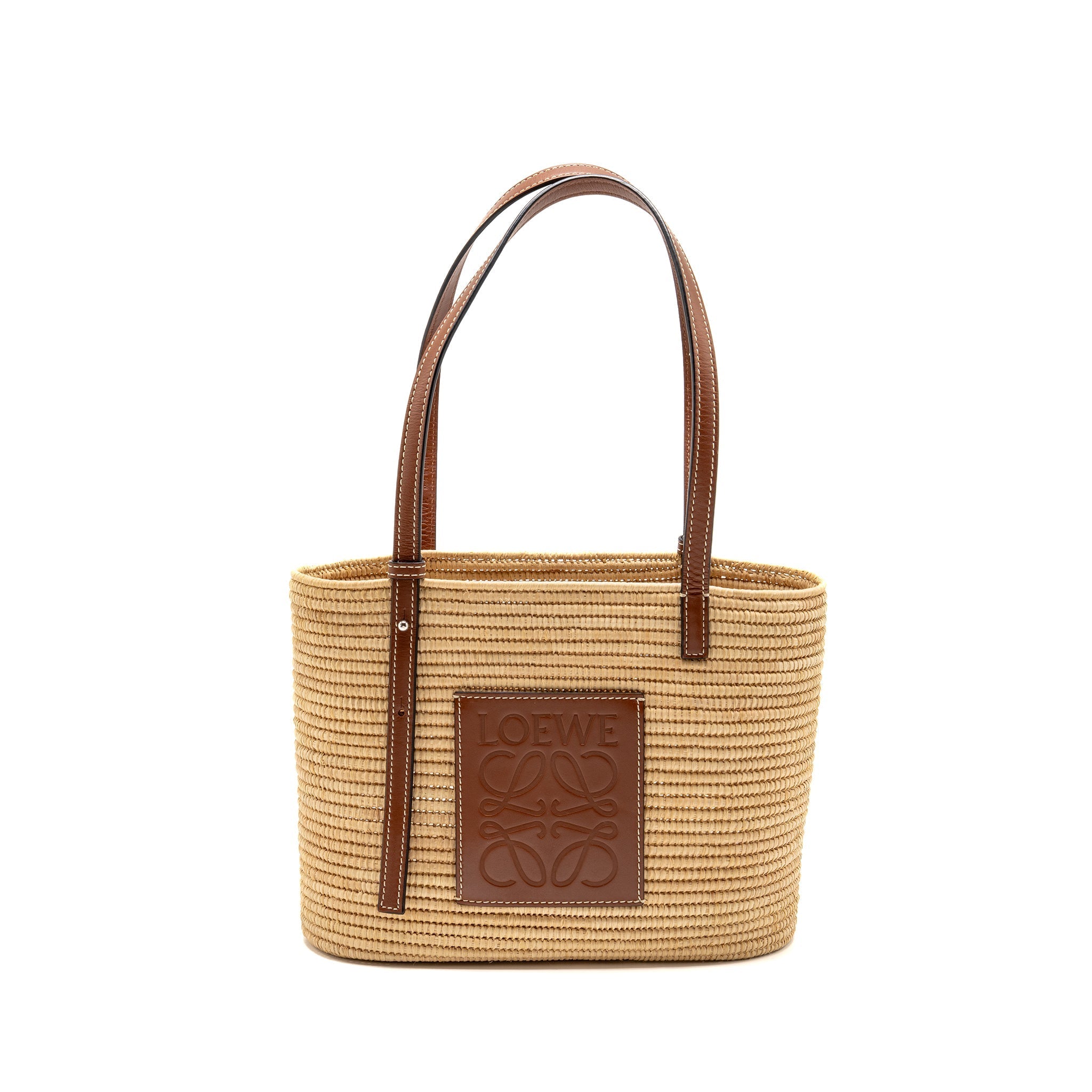 LOEWE SMALL ANAGRAM SQUARE BASKET BAG RAFFIA BROWN/BEIGE