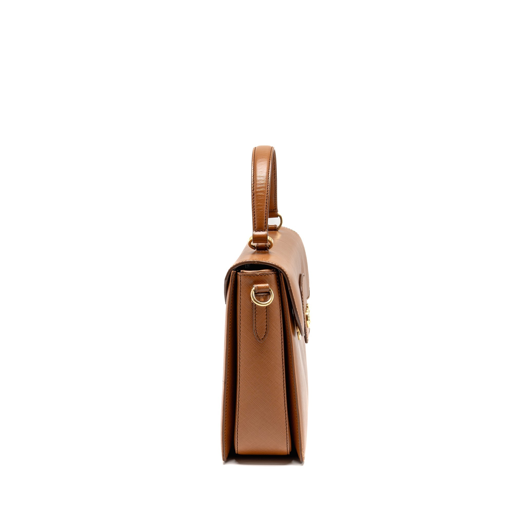 SALVATORE FERRAGAMO TOP HANDLE GANCINI BAG CALFSKIN TAN GHW