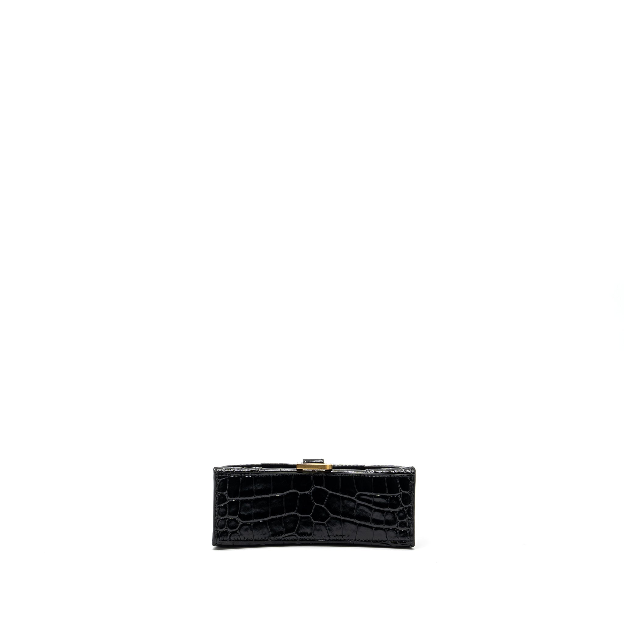 BALENCIAGA HOURGLASS XS HANDBAG CROCODILE EMBOSSED BLACK GHW