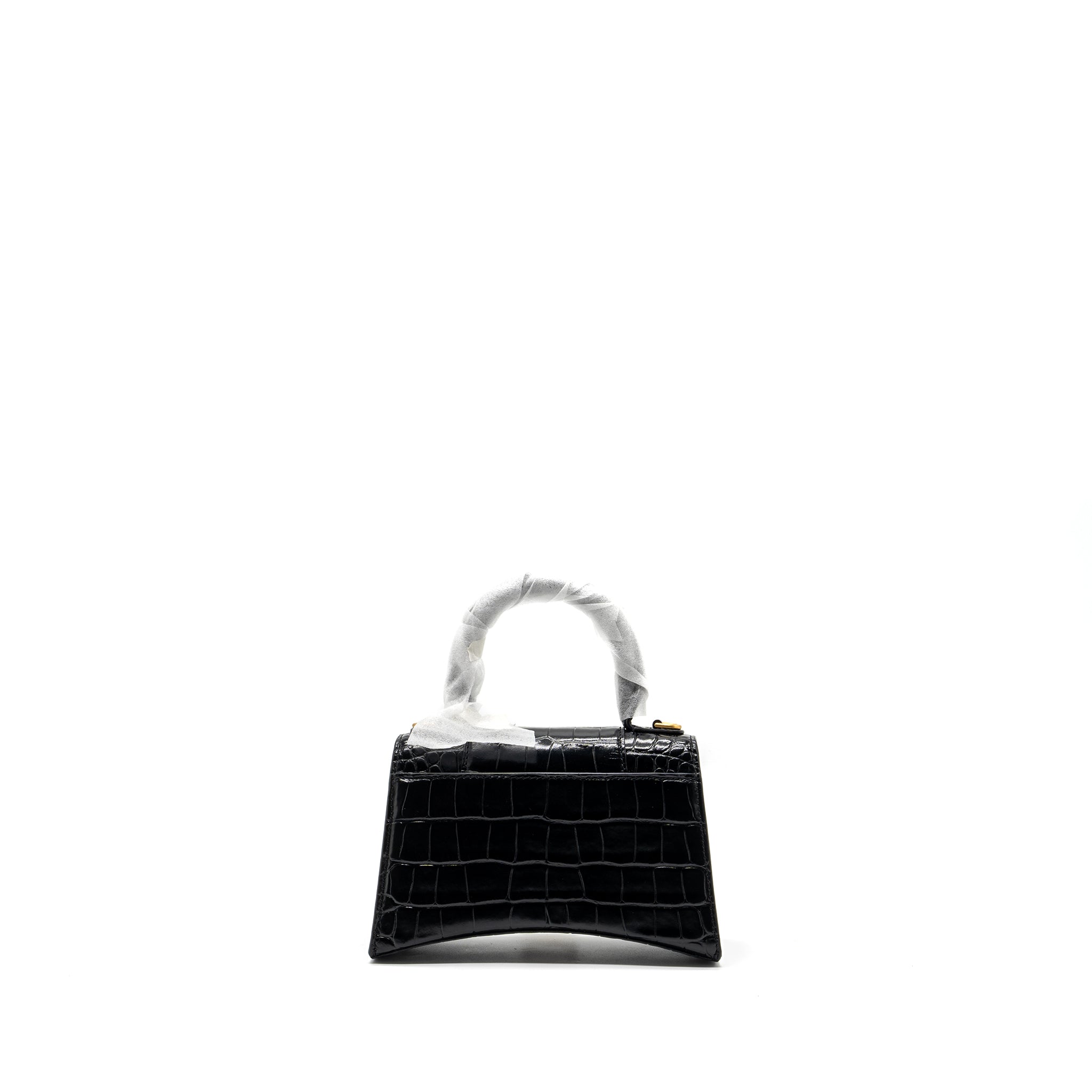 BALENCIAGA HOURGLASS XS HANDBAG CROCODILE EMBOSSED BLACK GHW