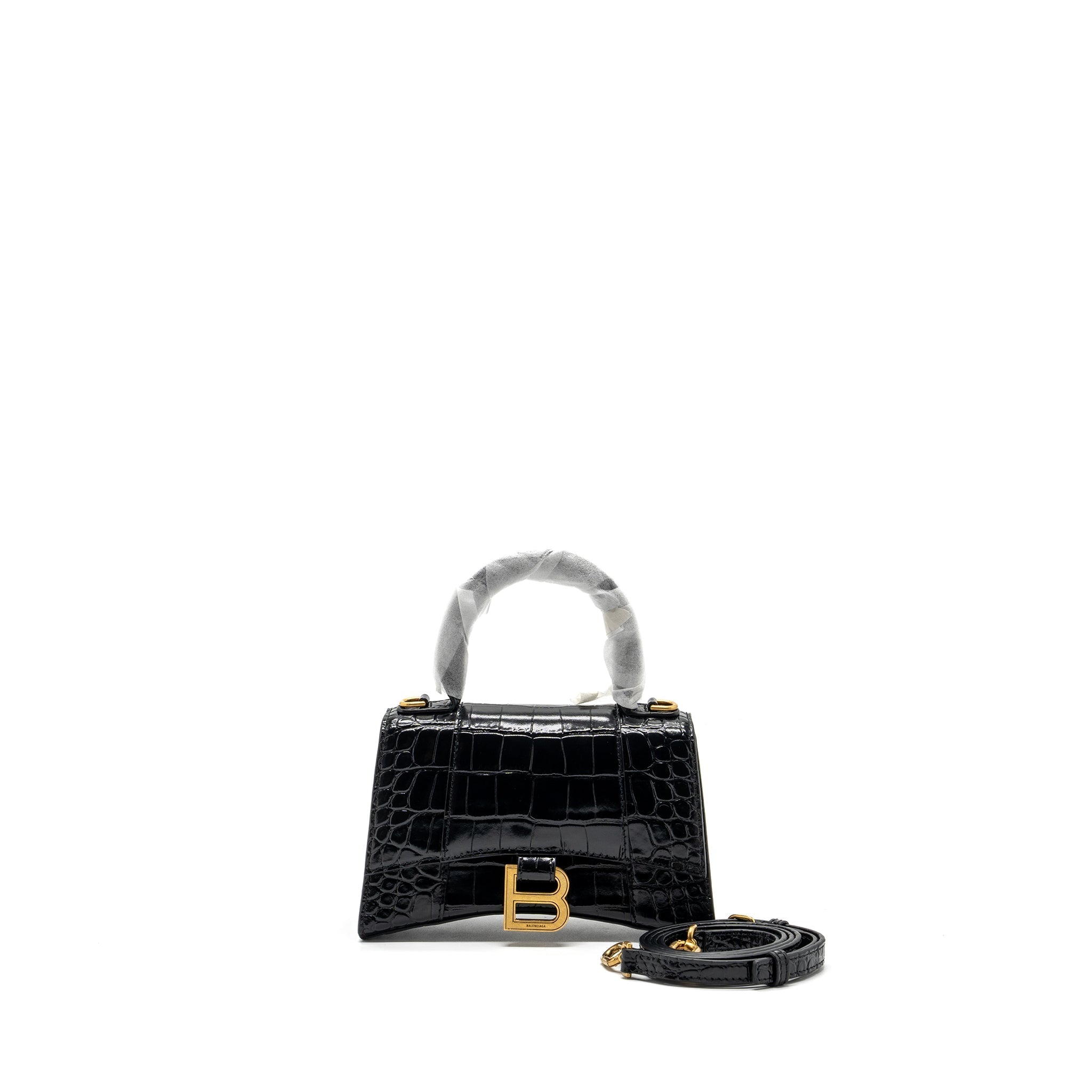 BALENCIAGA HOURGLASS XS HANDBAG CROCODILE EMBOSSED BLACK GHW