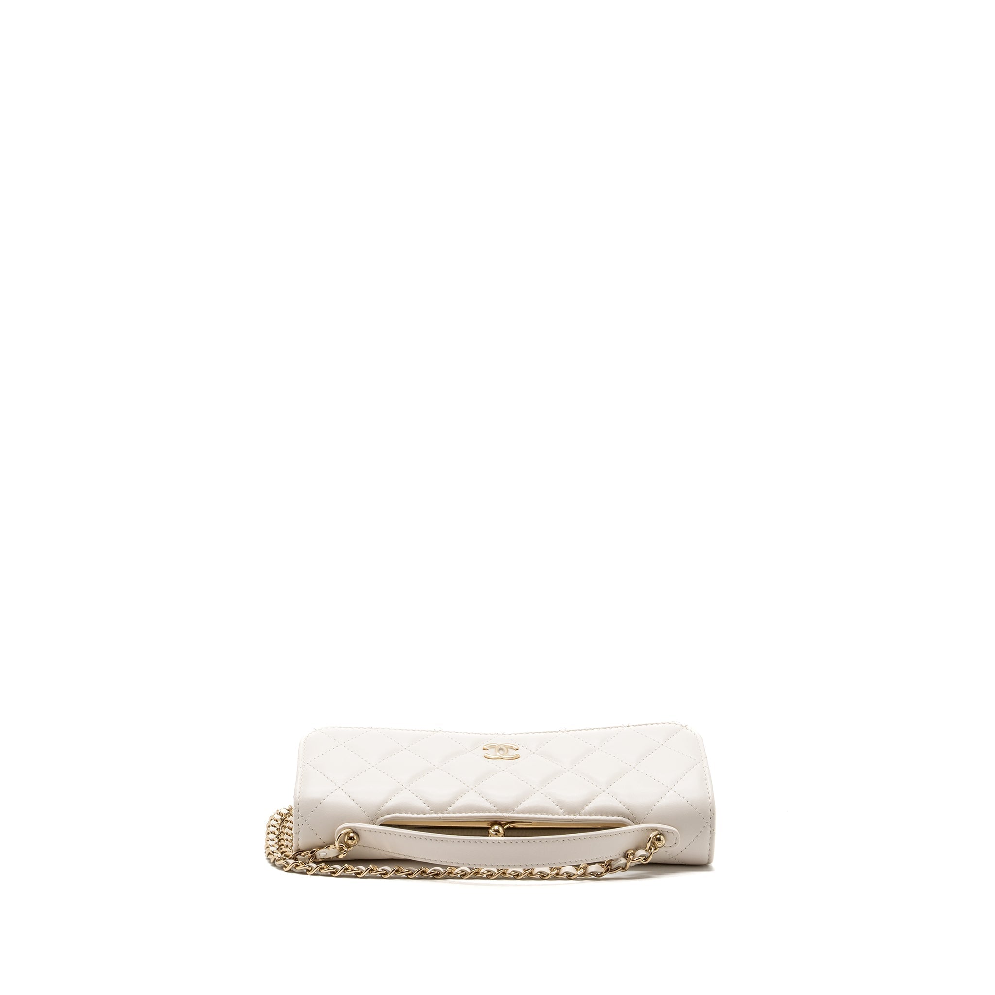 CHANEL TOP HANDLE FLAP WALLET WITH CHAIN LAMBSKIN WHITE LGHW (MICROCHIP)