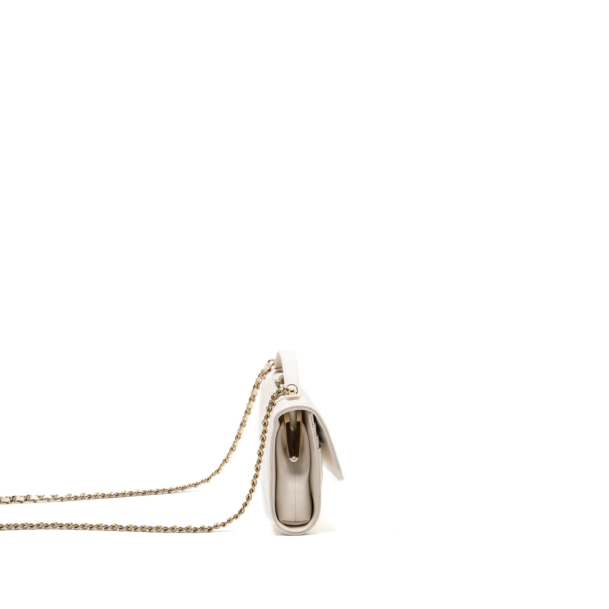 CHANEL TOP HANDLE FLAP WALLET WITH CHAIN LAMBSKIN WHITE LGHW (MICROCHIP)