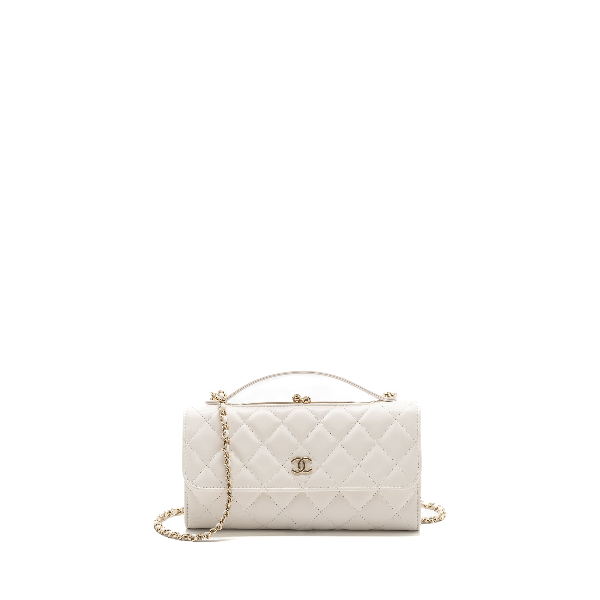 CHANEL TOP HANDLE FLAP WALLET WITH CHAIN LAMBSKIN WHITE LGHW (MICROCHIP)