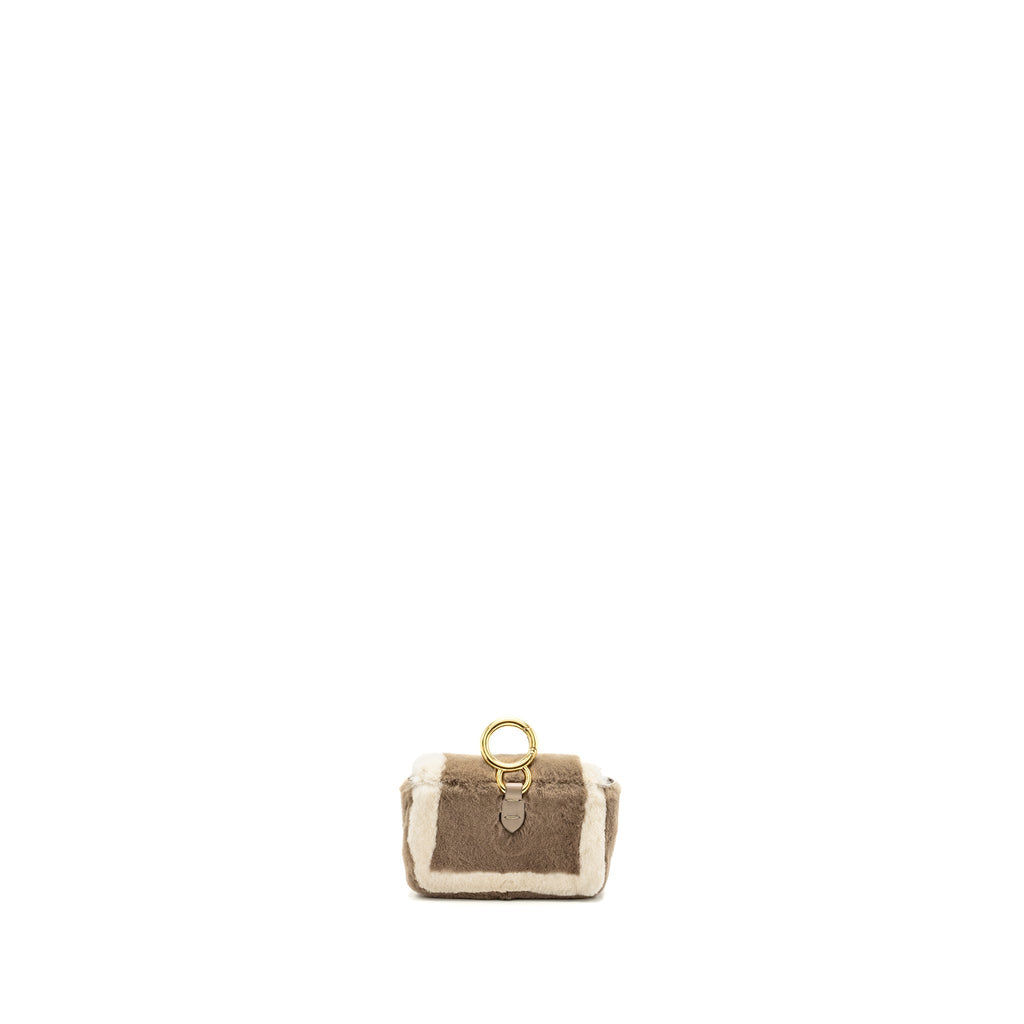 FENDI NANO CHAIN BAGUETTE CHARM BAG SHEARLING BROWN/CREAM GHW
