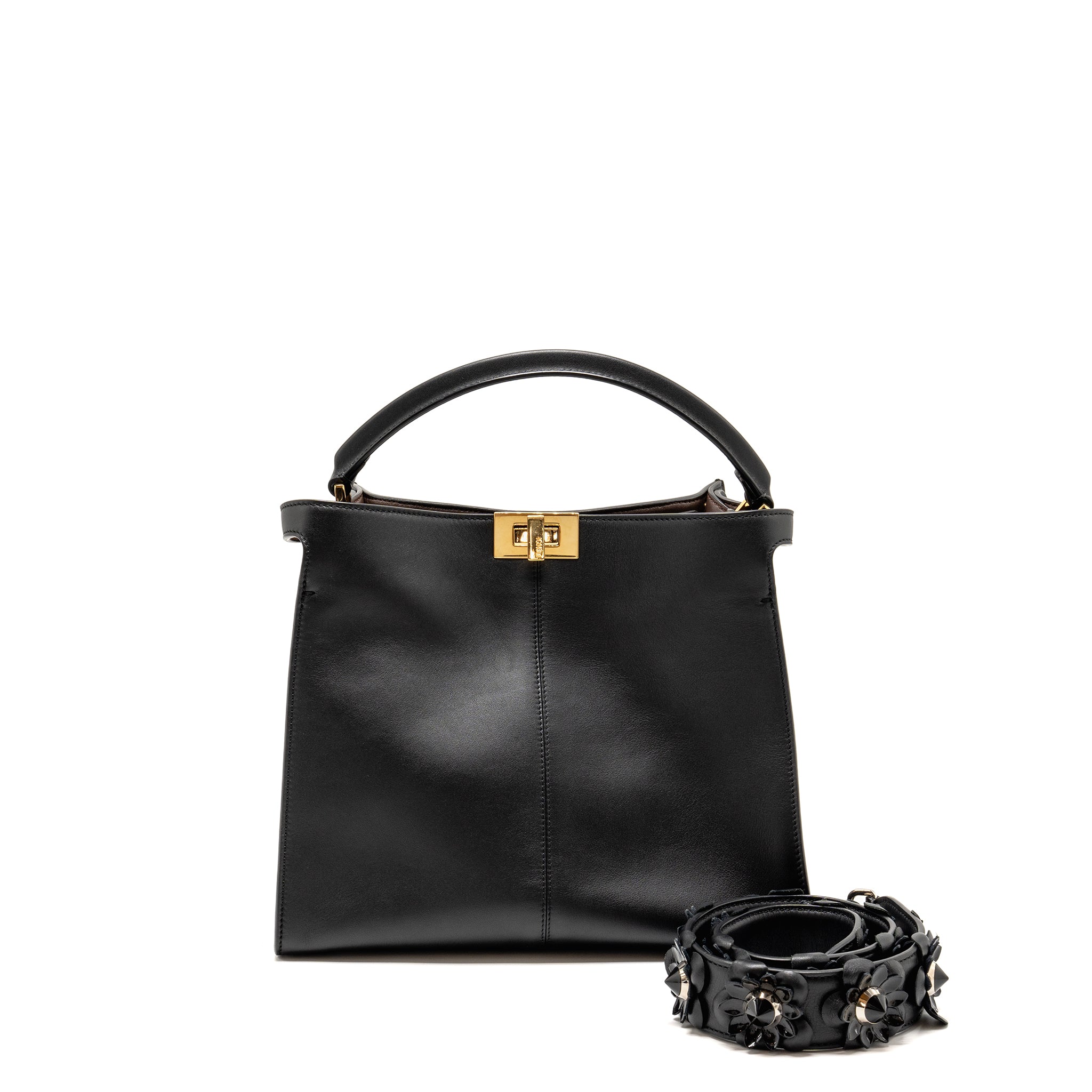 FENDI PEEKABOO X-LITE MEDIUM CALFSKIN BLACK GHW WITH FLOWERLAND STRAP
