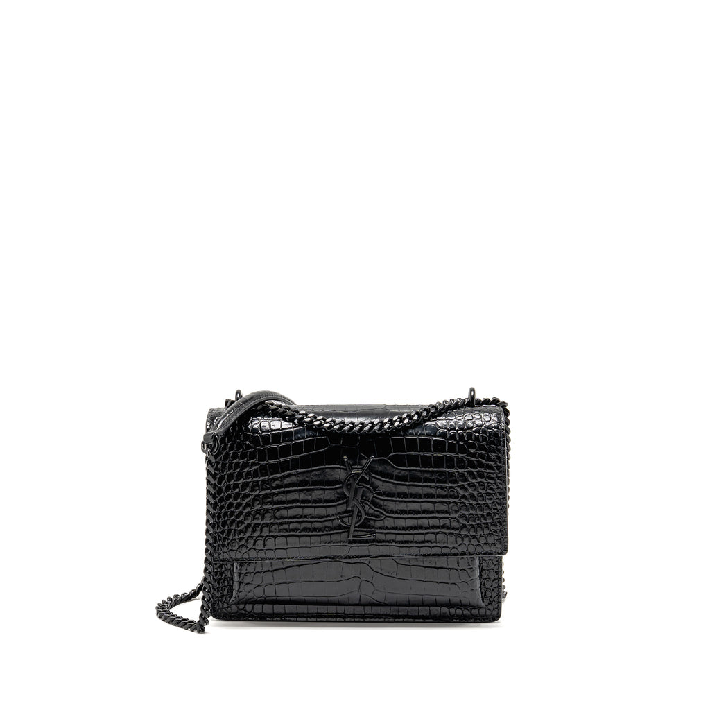SAINT LAURENT/YSL SUNSET MEDIUM CROCODILE-EMBOSSED CALFSKIN SO BLACK