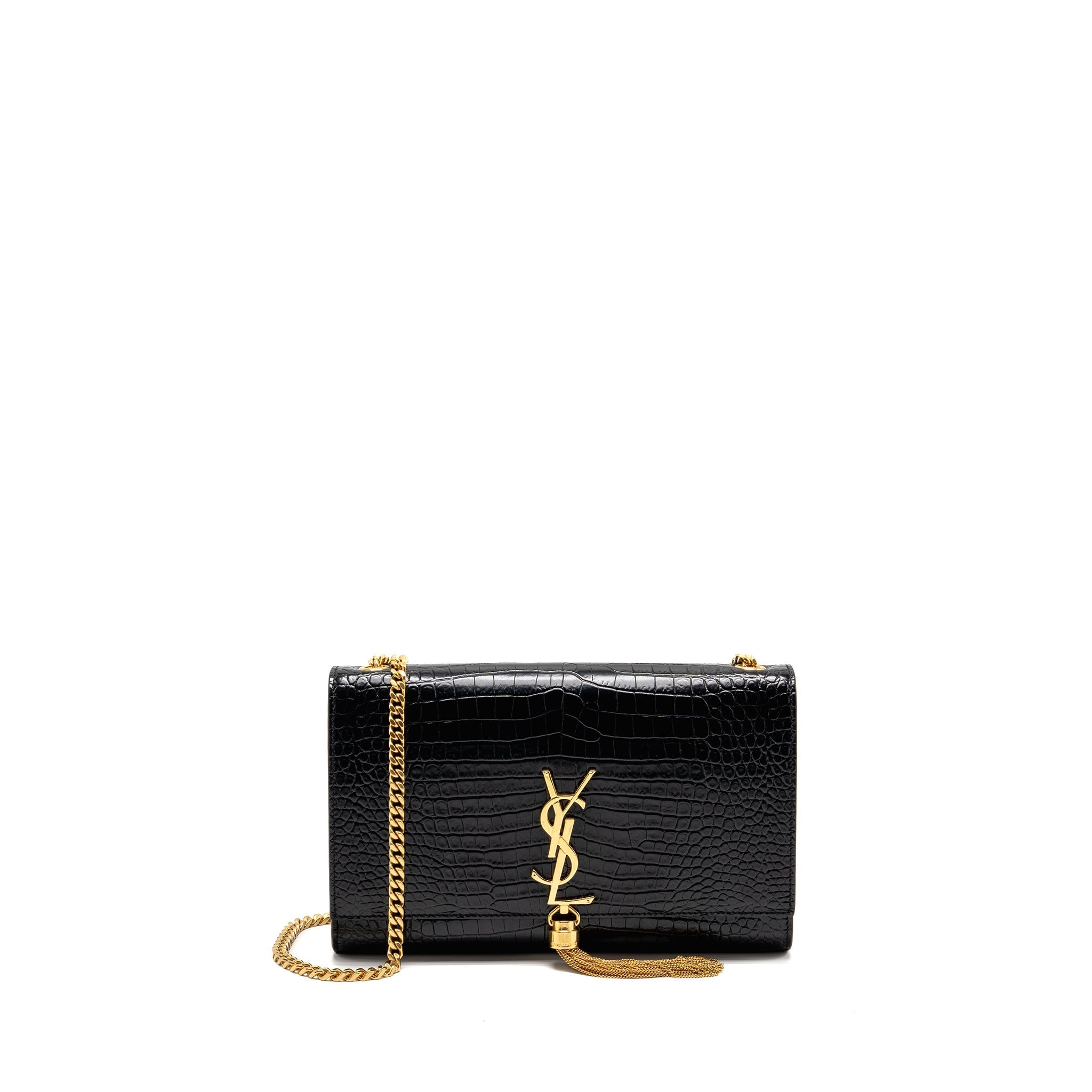 SAINT LAURENT/YSL MEDIUM KATE TASSEL BAG CROC-EMBOSSED CALFSKIN BLACK GHW