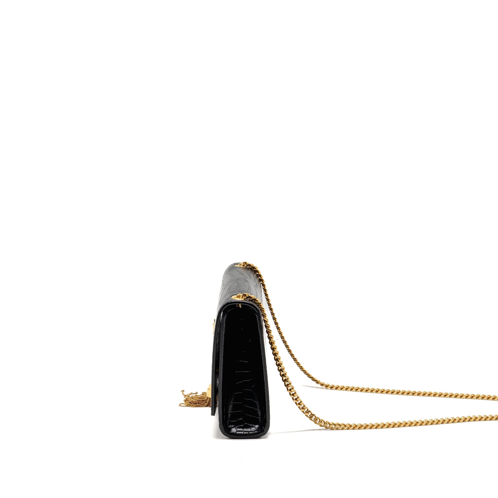 SAINT LAURENT/YSL MEDIUM KATE TASSEL BAG CROC-EMBOSSED CALFSKIN BLACK GHW