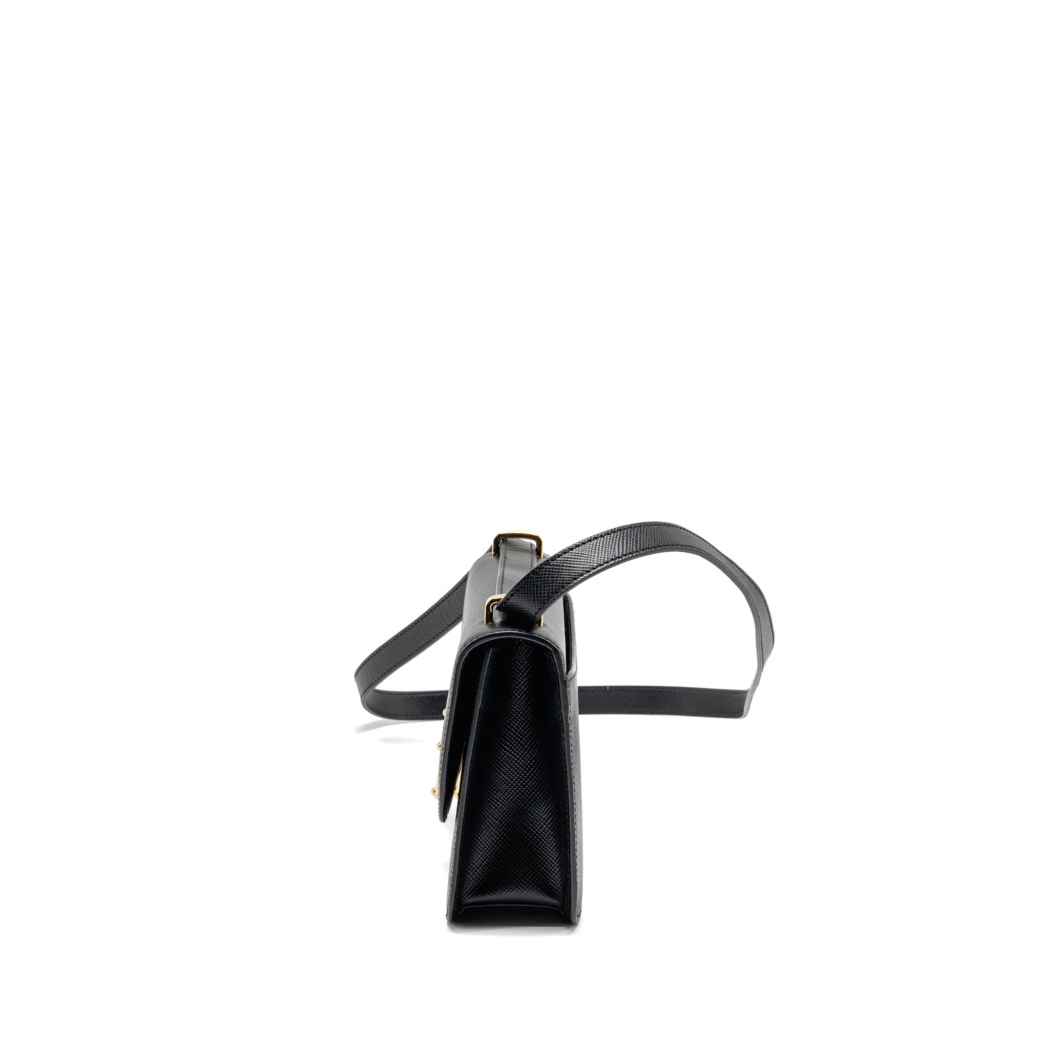 PRADA SAFFIANO LEATHER FLAP SHOULDER BAG CALFSKIN BLACK GHW