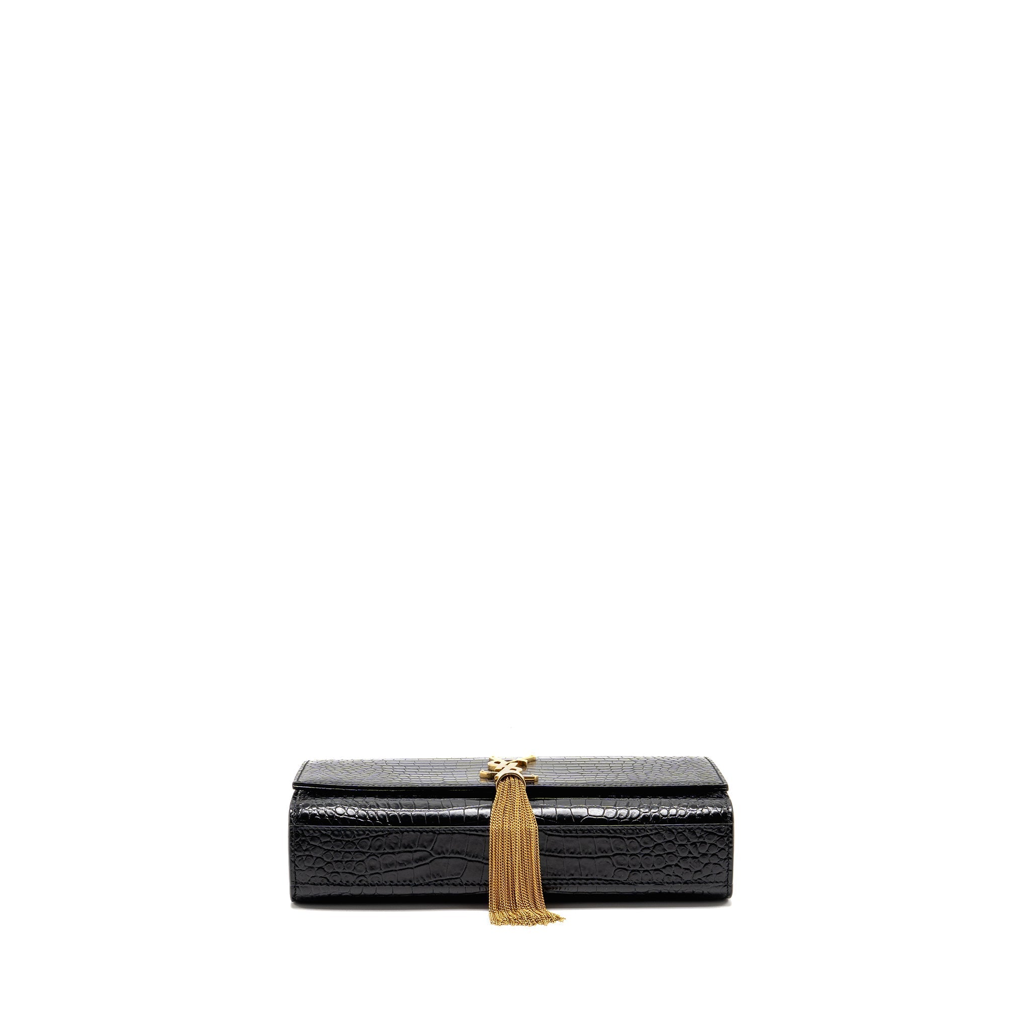 SAINT LAURENT/YSL MEDIUM KATE TASSEL BAG CROC-EMBOSSED CALFSKIN BLACK GHW