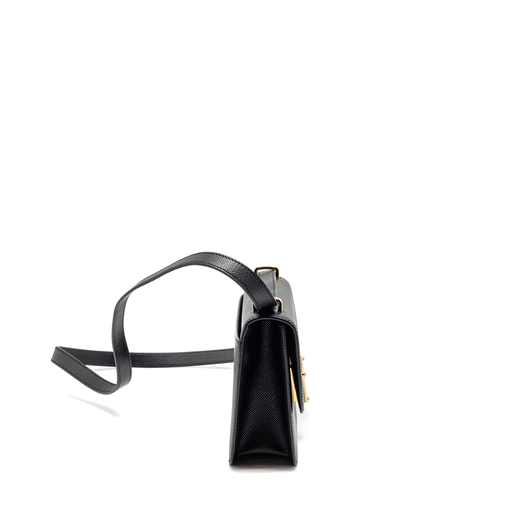 PRADA SAFFIANO LEATHER FLAP SHOULDER BAG CALFSKIN BLACK GHW