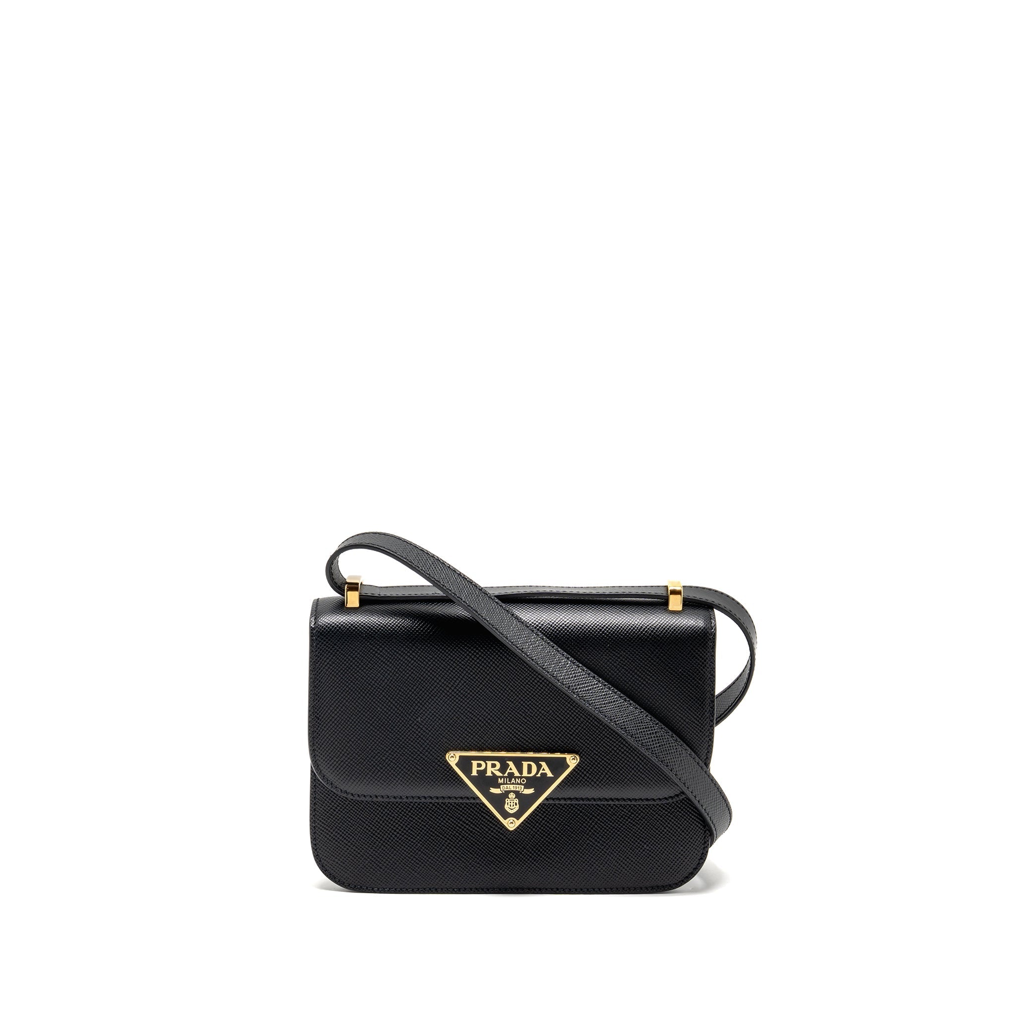 PRADA SAFFIANO LEATHER FLAP SHOULDER BAG CALFSKIN BLACK GHW