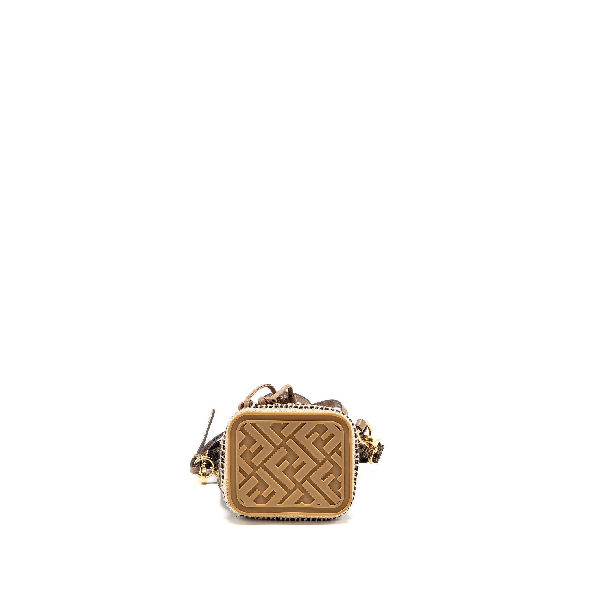 FENDI MINI MON TRESOR BUCKET BAG FF JACQUARD RAFFIA/FABRIC/CALFSKIN BROWN GHW